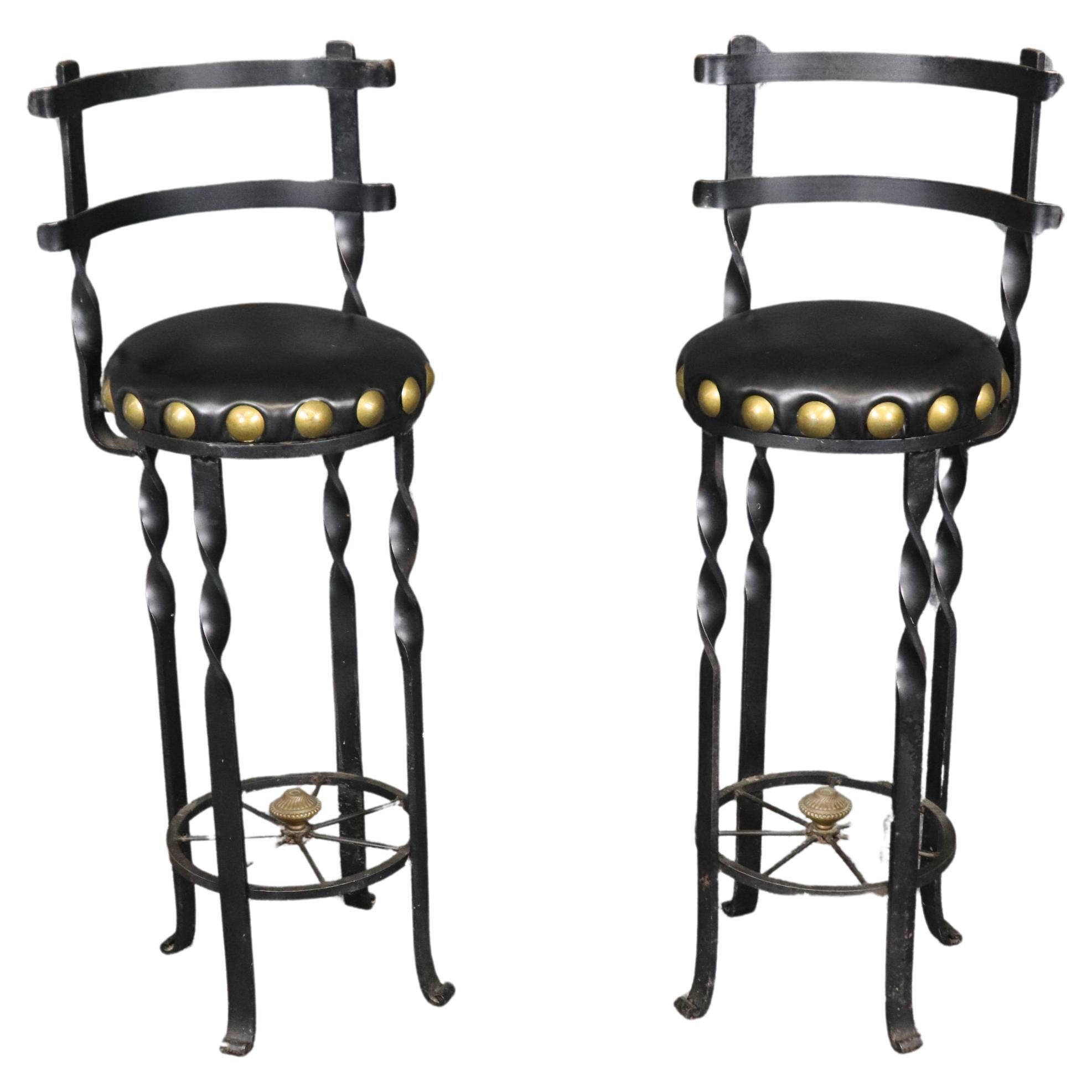 Pair Vintage Twisted Spanish Hacienda Style Bar Stools Huge Brass Nailheads