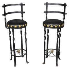 Pair Vintage Twisted Spanish Hacienda Style Bar Stools Huge Brass Nailheads