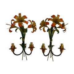 Pair Vintage Two Arm Italian Tole Painted Lilly Sconces