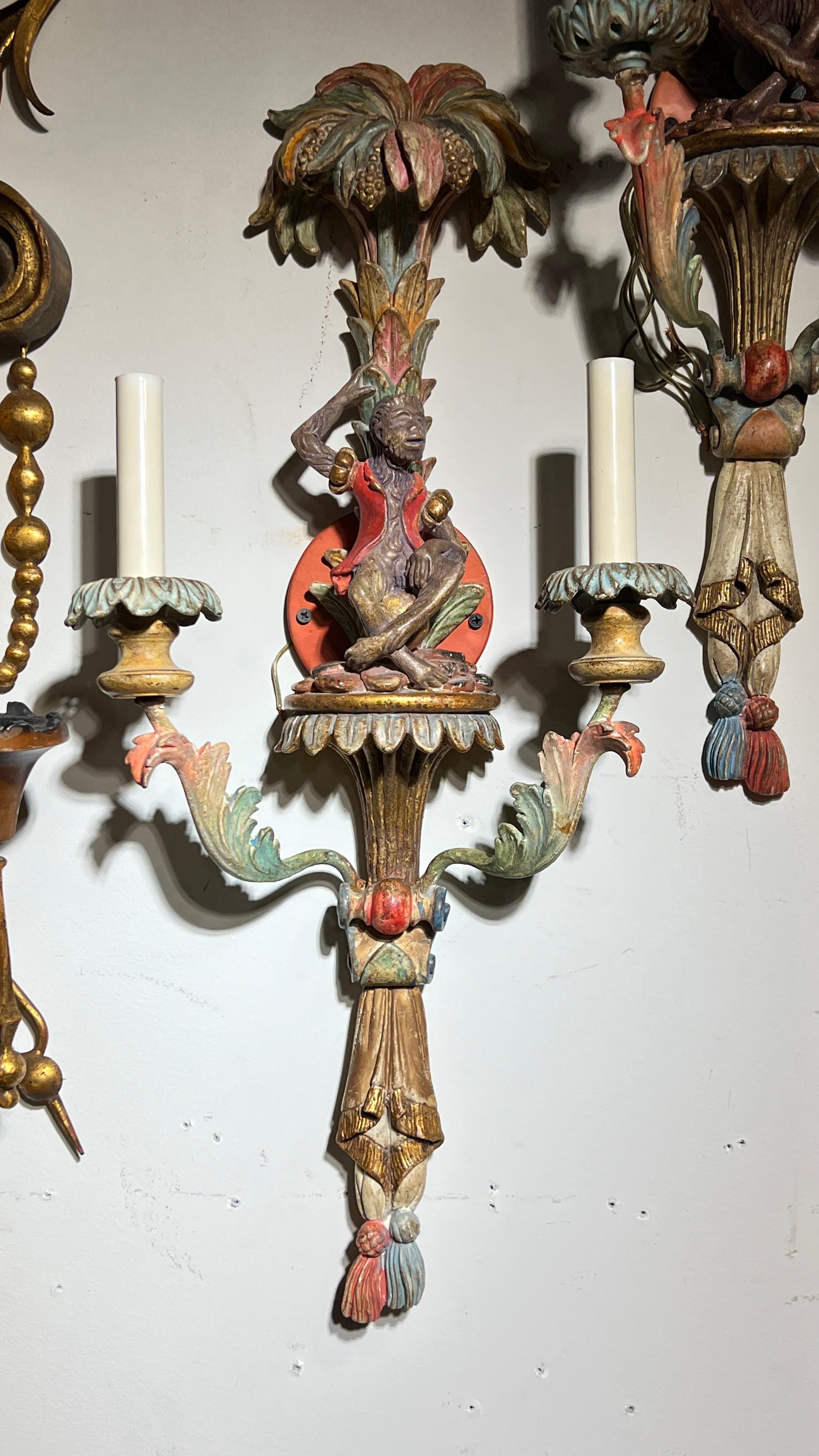 Pair Vintage Venetian Polychrome Wooden Carved Figural Sconces 4