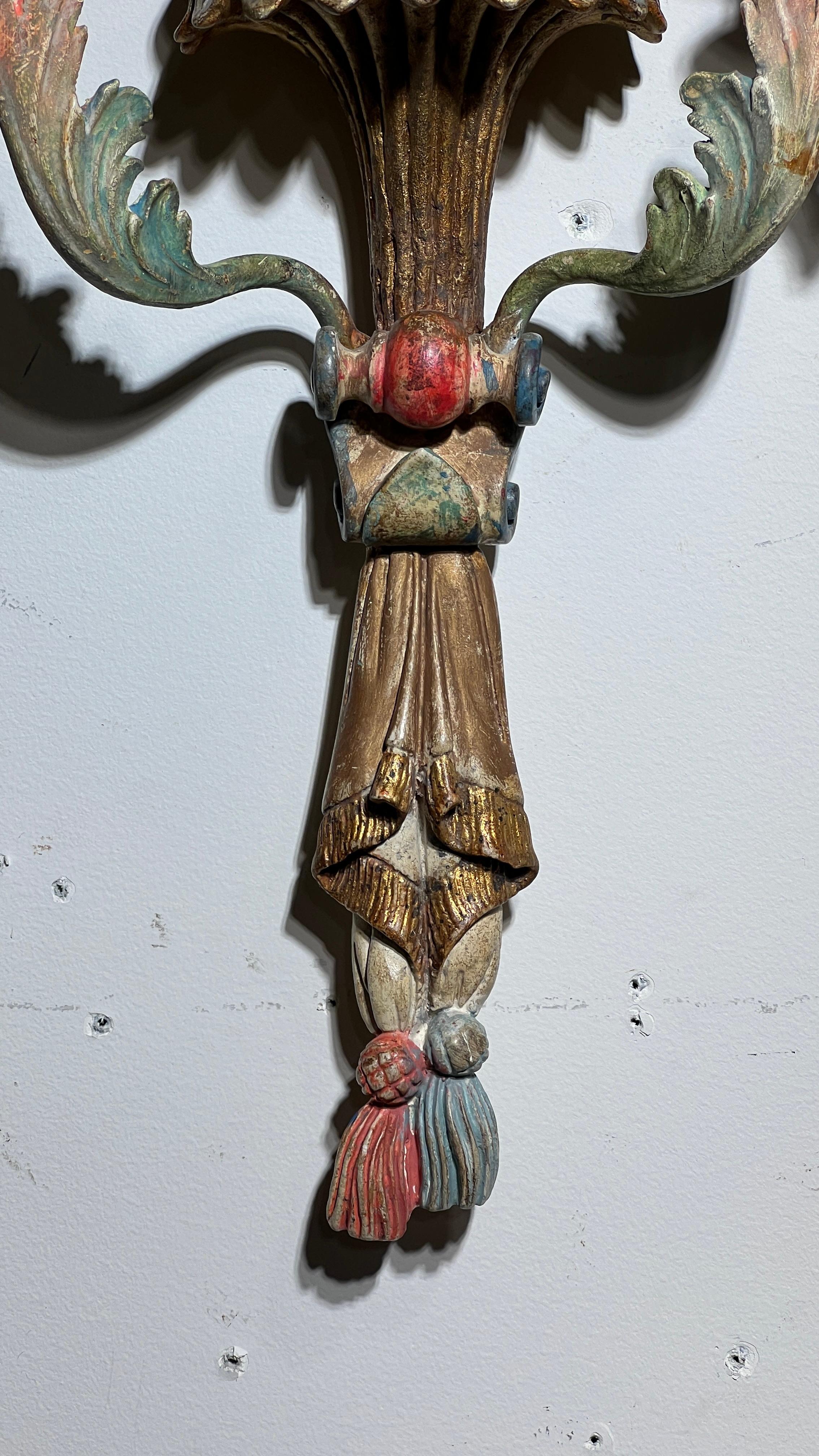 Pair Vintage Venetian Polychrome Wooden Carved Figural Sconces 5