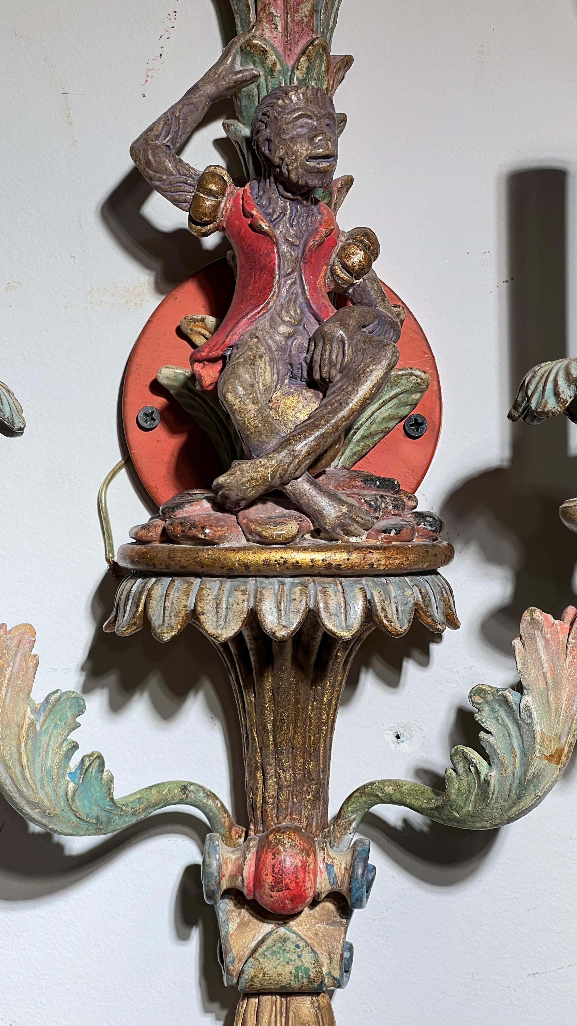 Pair Vintage Venetian Polychrome Wooden Carved Figural Sconces 6