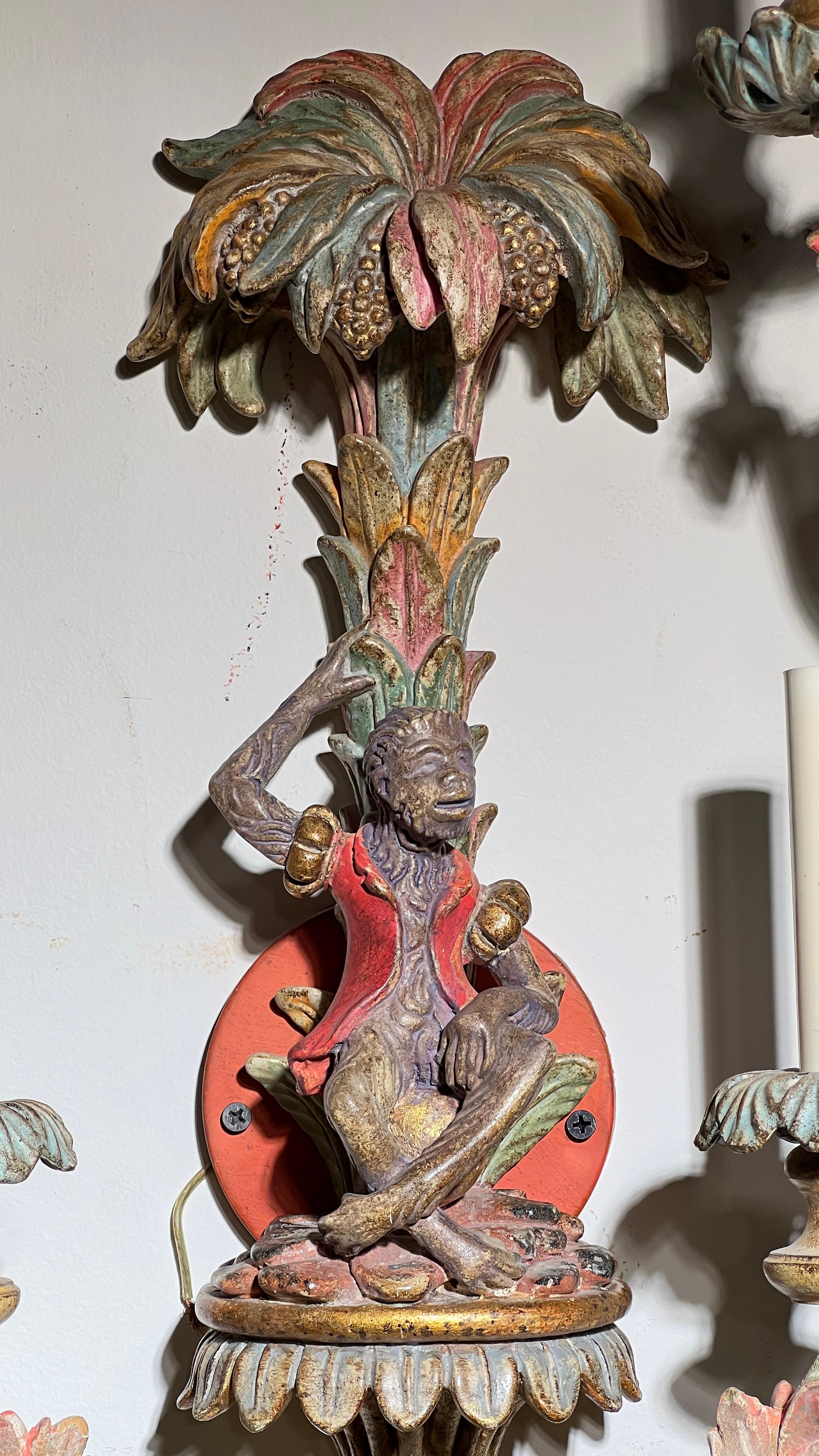 Pair Vintage Venetian Polychrome Wooden Carved Figural Sconces 7