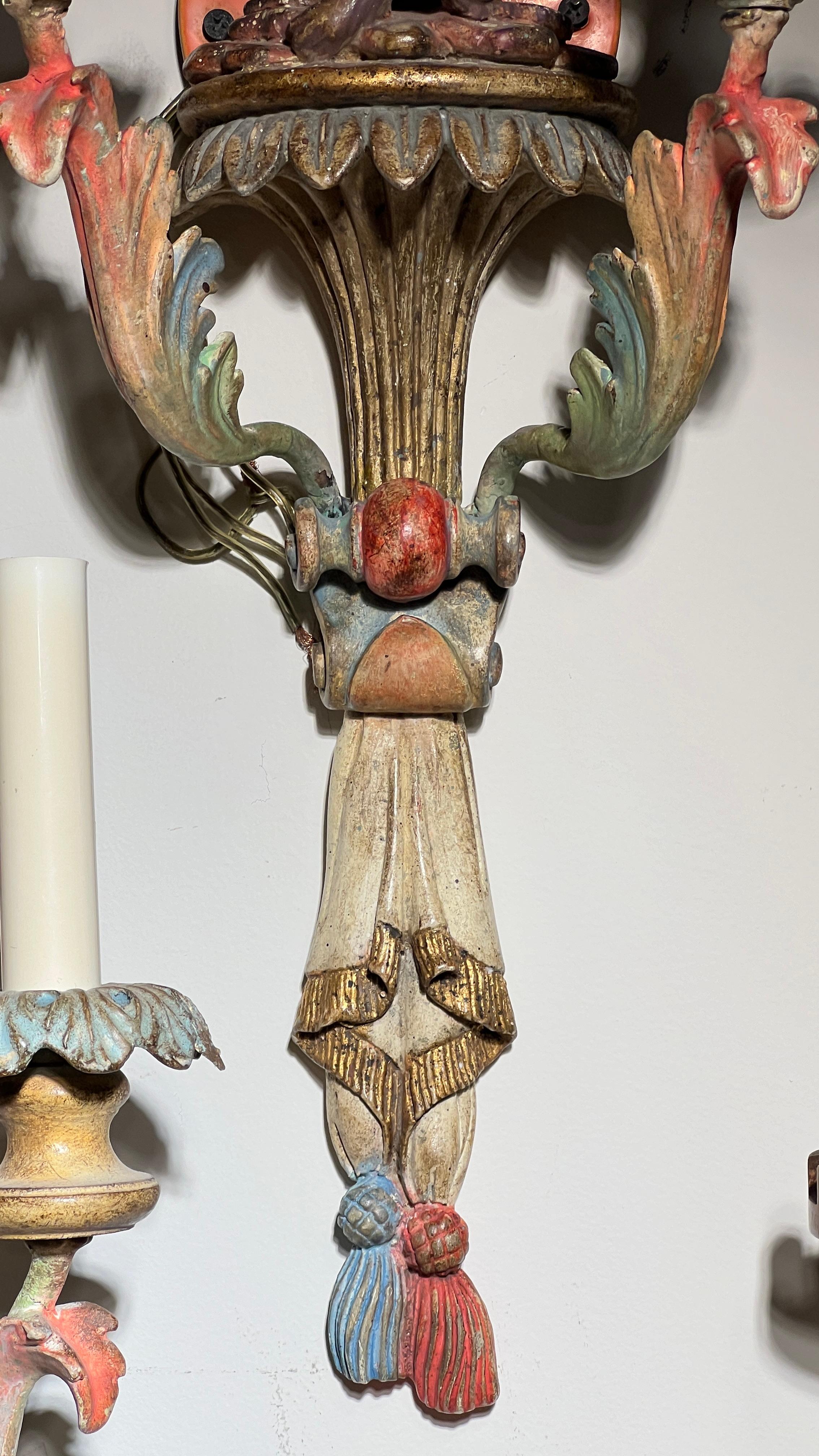 Pair Vintage Venetian Polychrome Wooden Carved Figural Sconces 8