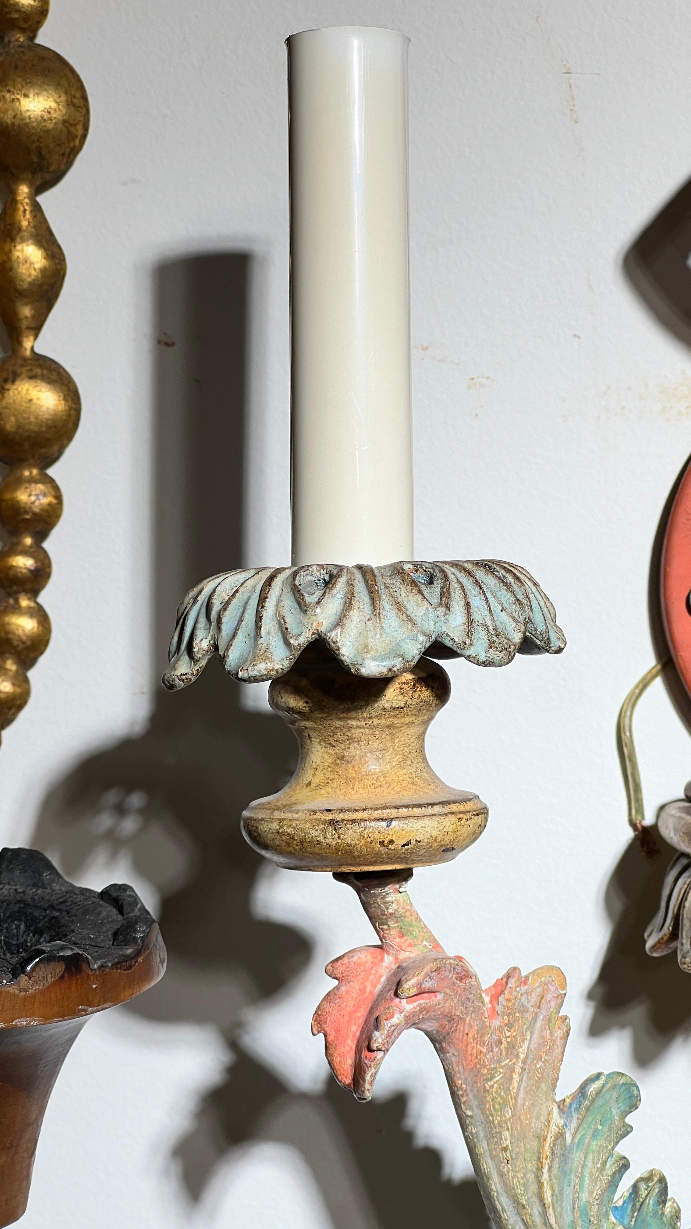 Pair Vintage Venetian Polychrome Wooden Carved Figural Sconces 9