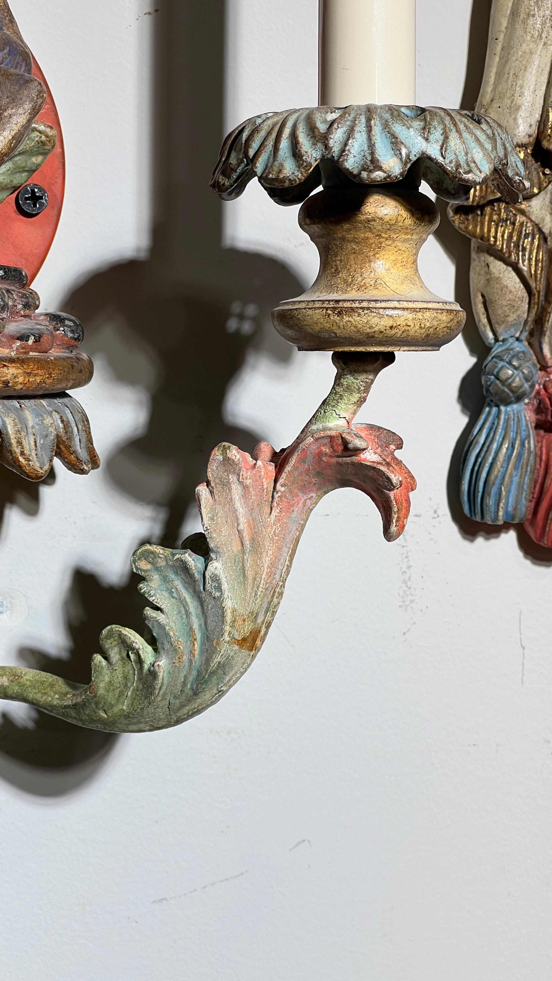 Pair Vintage Venetian Polychrome Wooden Carved Figural Sconces 10