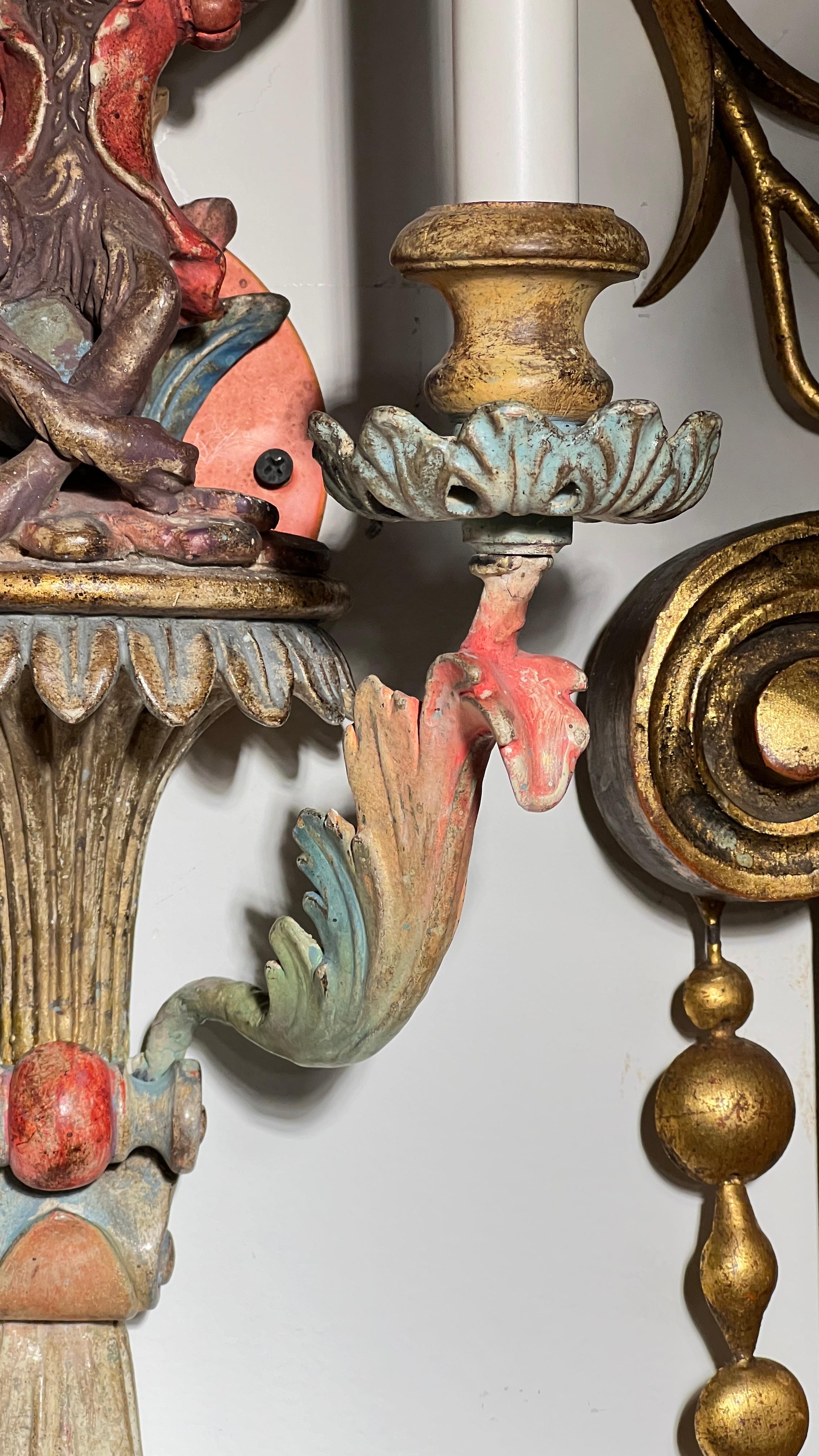 Italian Pair Vintage Venetian Polychrome Wooden Carved Figural Sconces