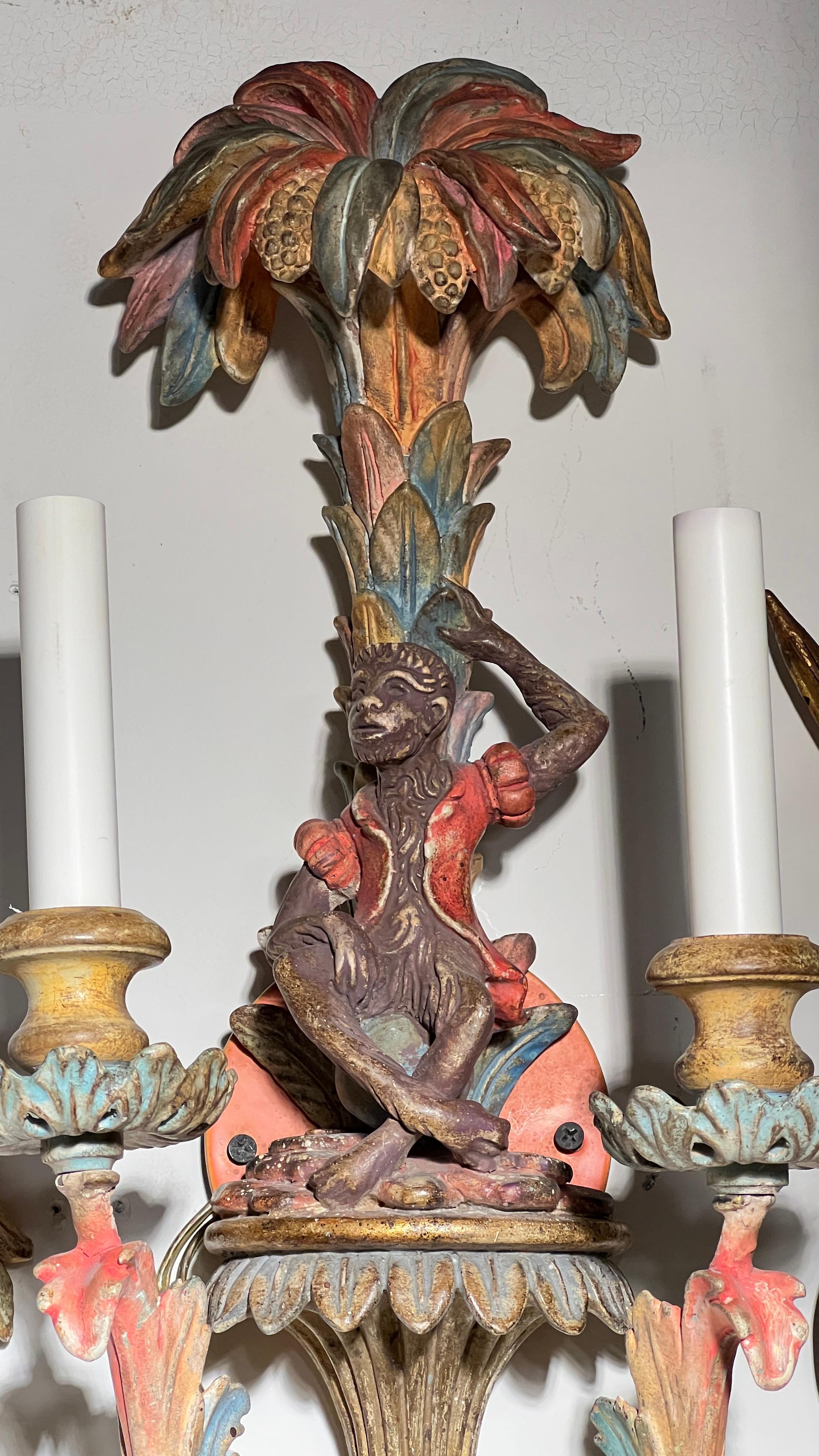 Hand-Painted Pair Vintage Venetian Polychrome Wooden Carved Figural Sconces