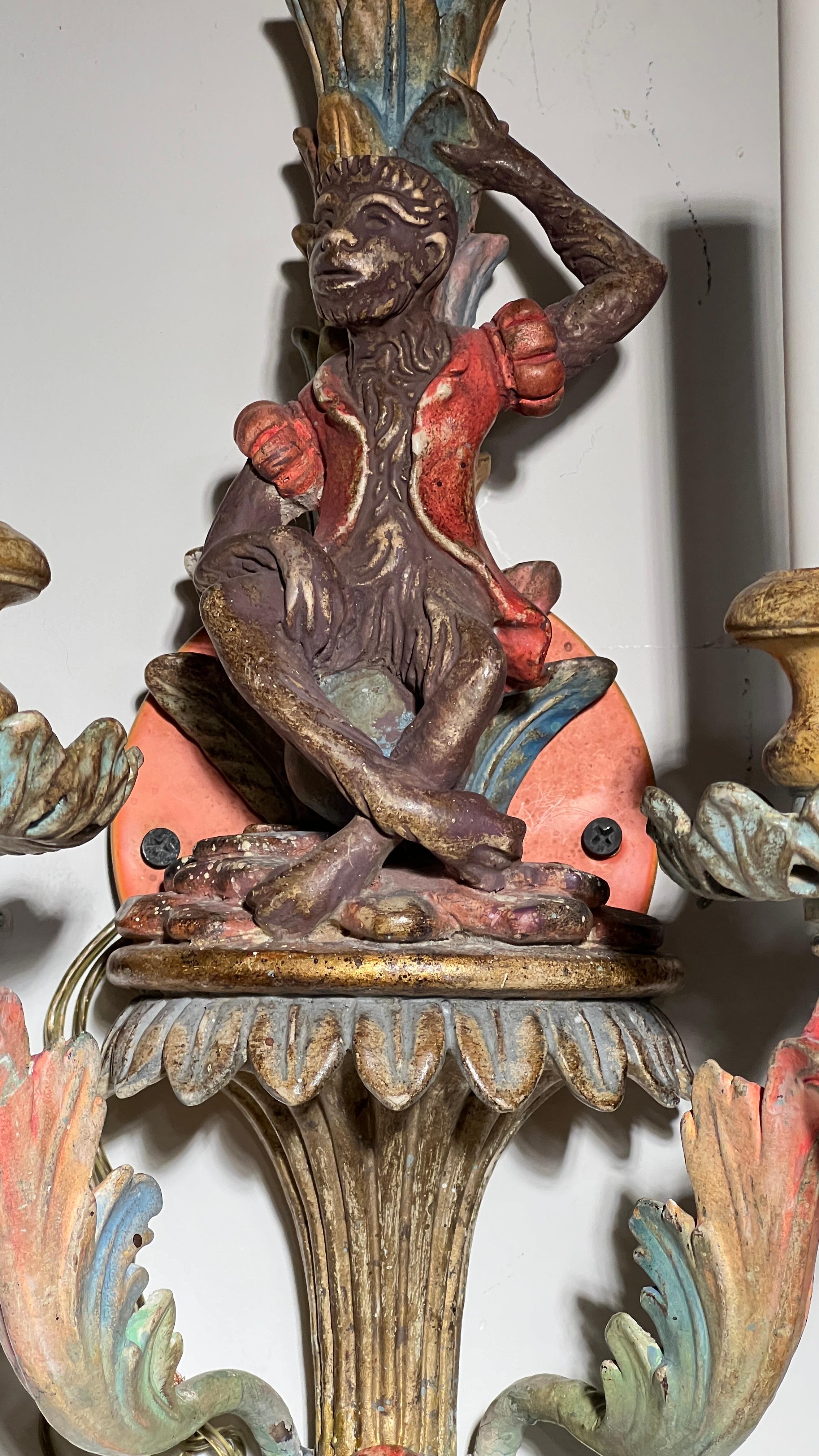 Pair Vintage Venetian Polychrome Wooden Carved Figural Sconces In Good Condition In New York, NY