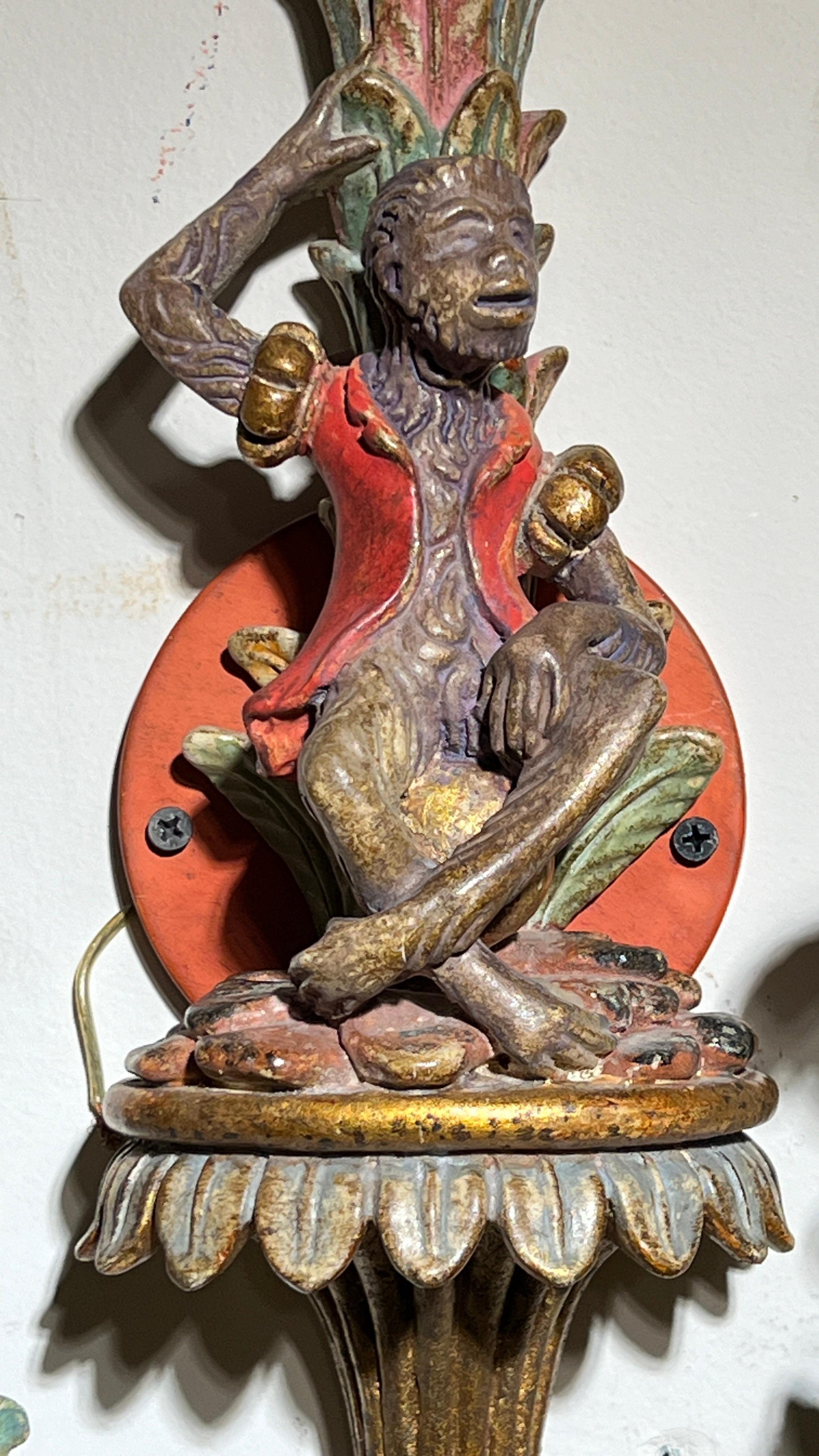 20th Century Pair Vintage Venetian Polychrome Wooden Carved Figural Sconces