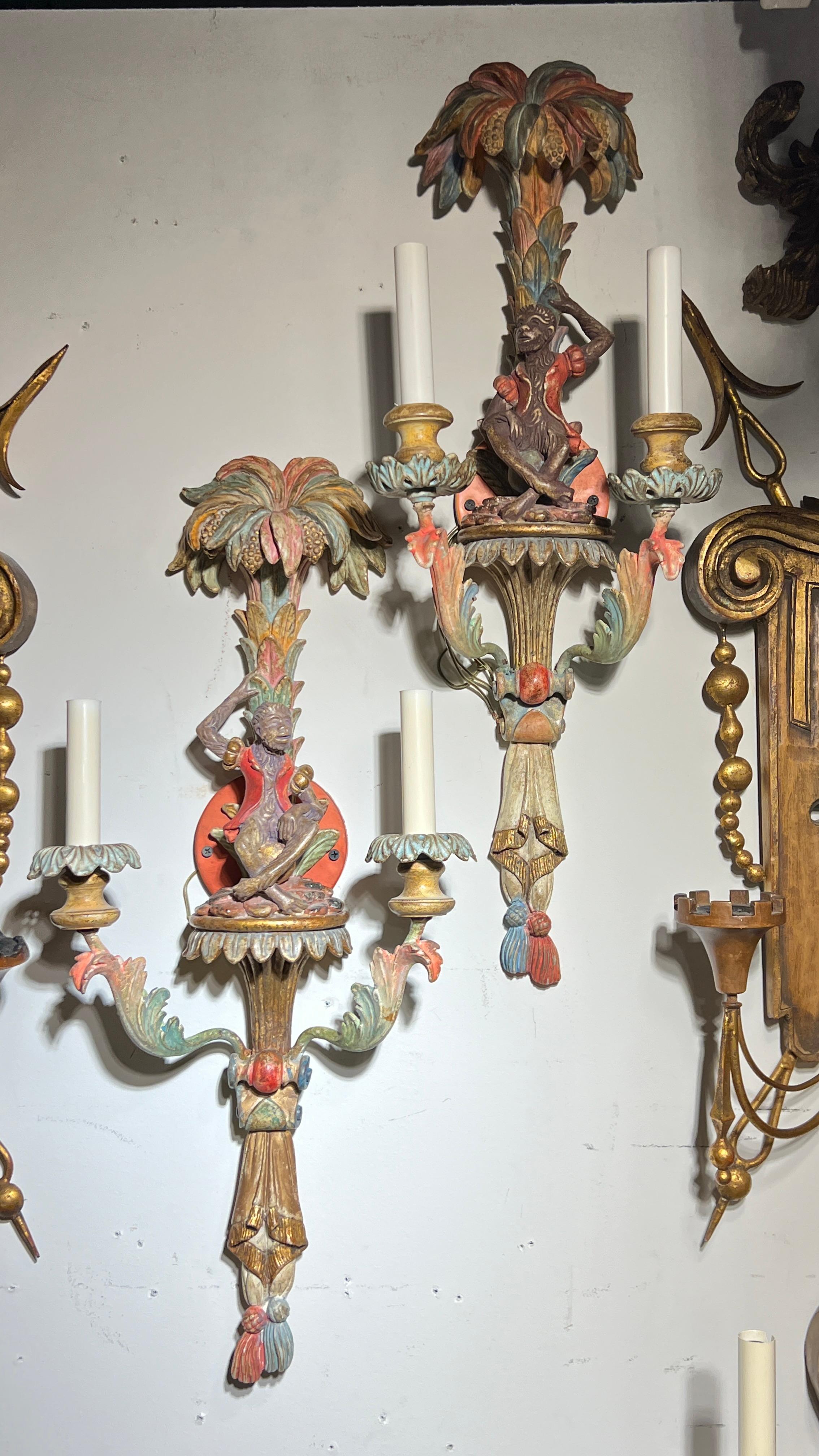 Pair Vintage Venetian Polychrome Wooden Carved Figural Sconces 1