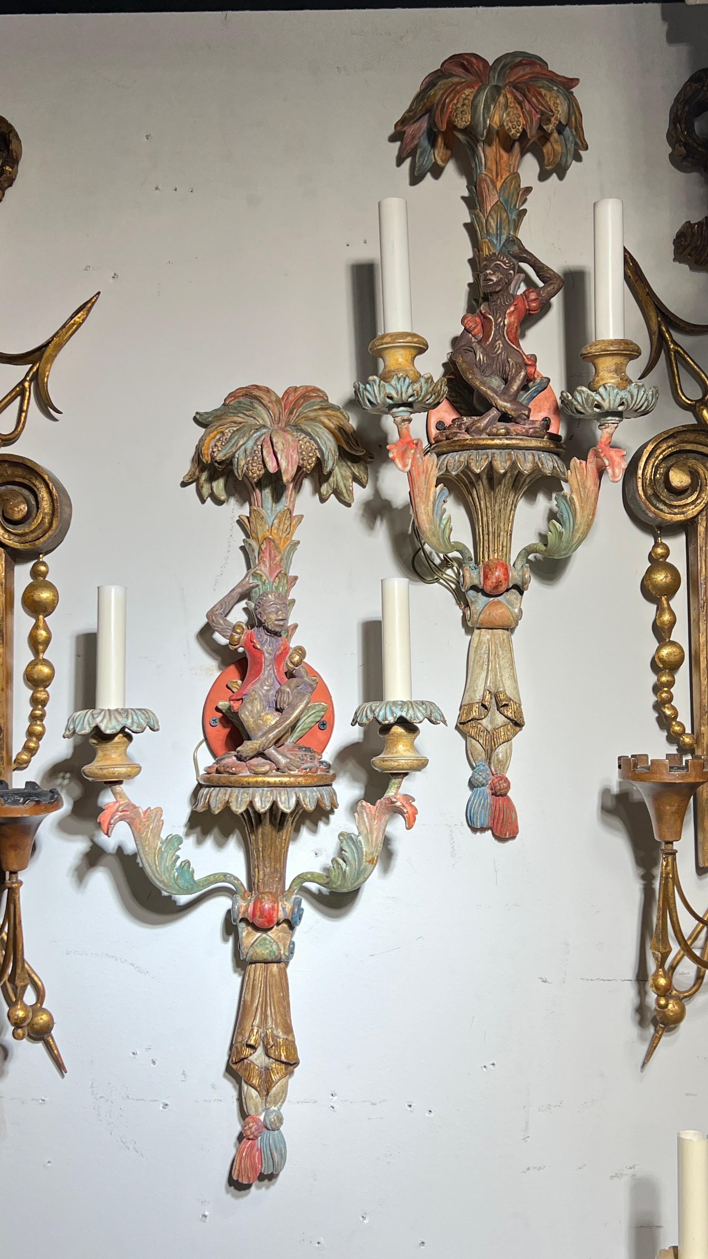 Pair Vintage Venetian Polychrome Wooden Carved Figural Sconces 2