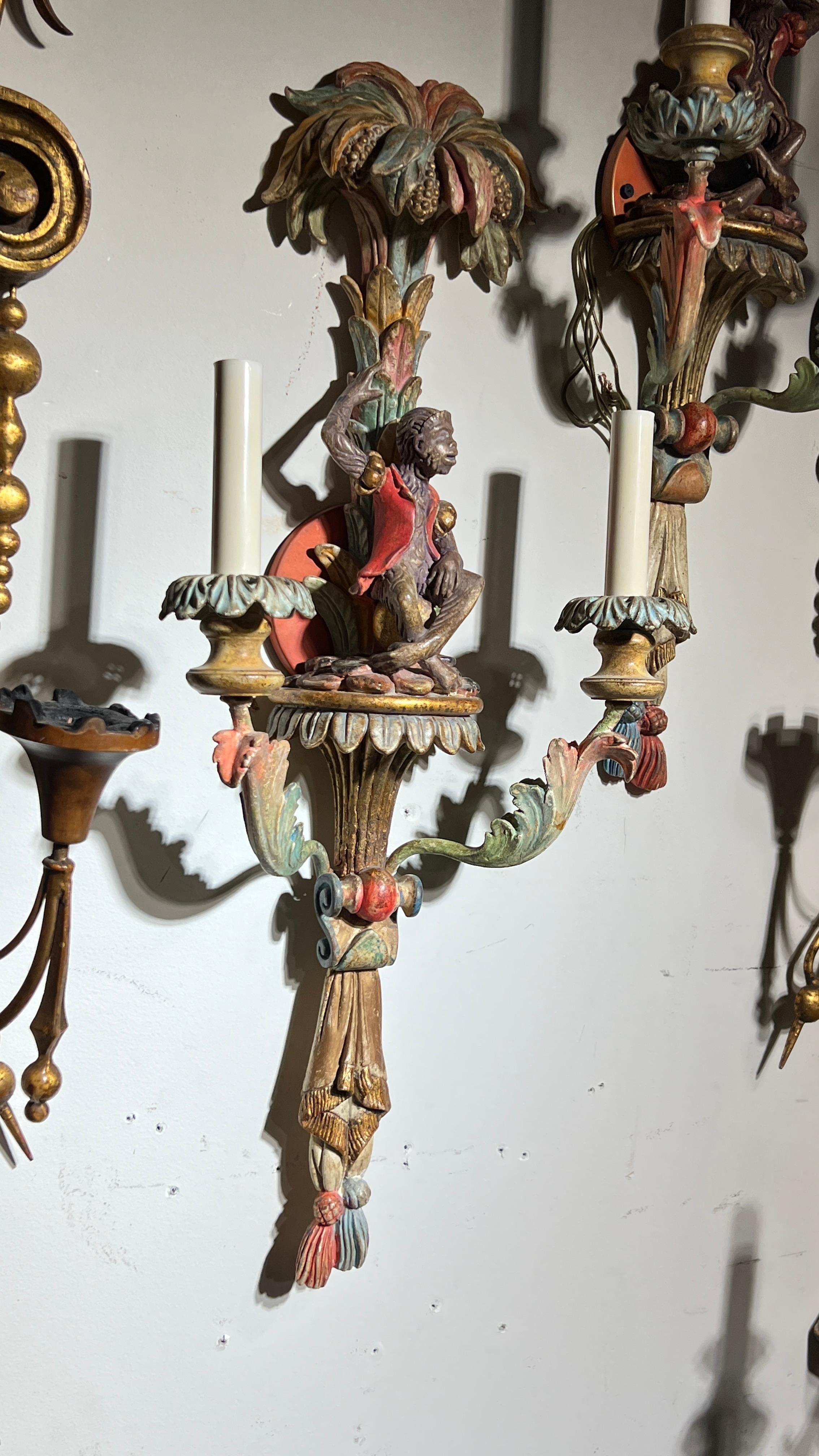 Pair Vintage Venetian Polychrome Wooden Carved Figural Sconces 3