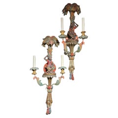 Pair Vintage Venetian Polychrome Wooden Carved Figural Sconces