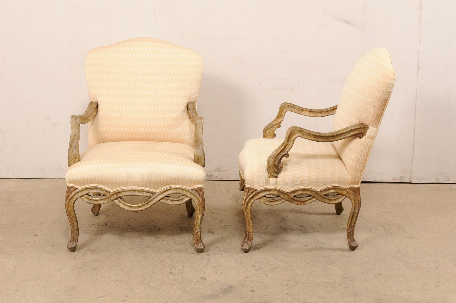 Pair Vintage Venetian-Style Upholstered Armchairs w/Pierce-Carved Skirt 4