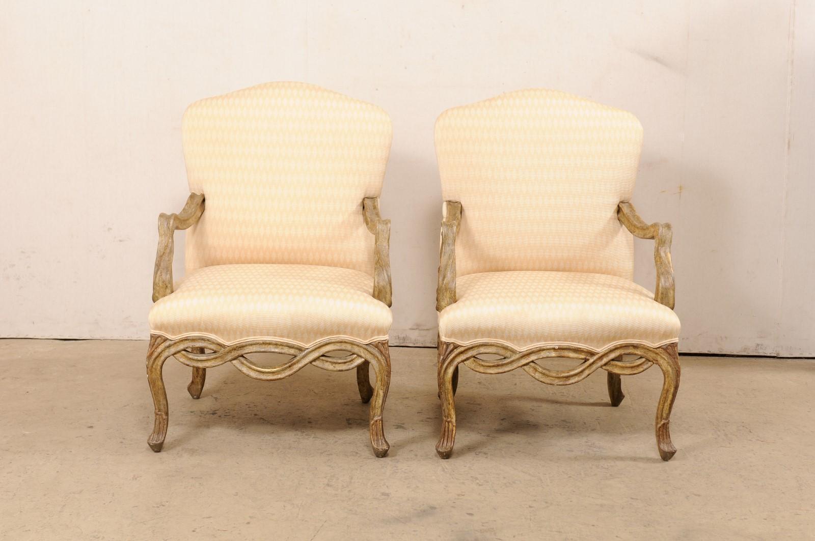 Pair Vintage Venetian-Style Upholstered Armchairs w/Pierce-Carved Skirt 5