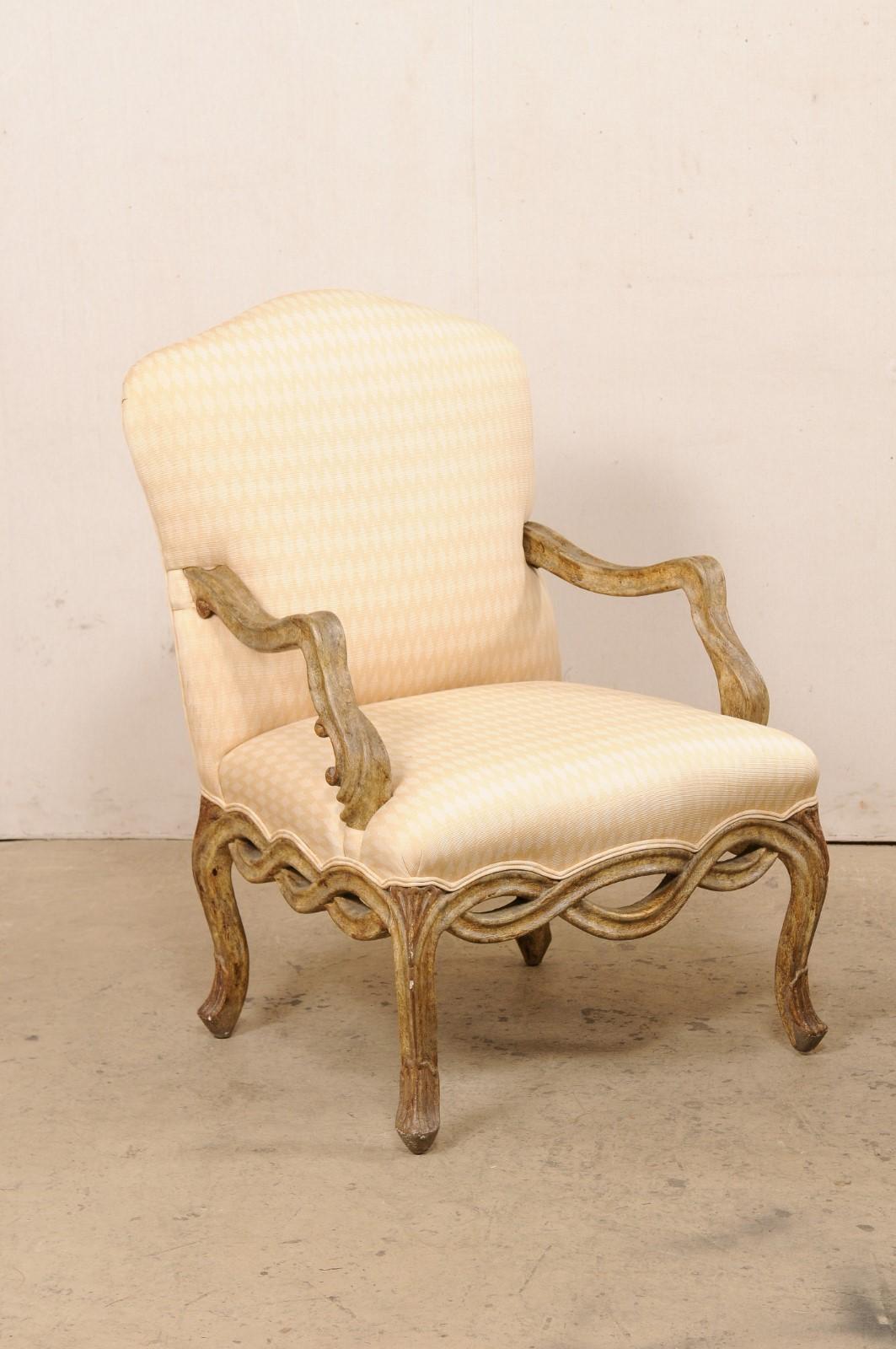 American Pair Vintage Venetian-Style Upholstered Armchairs w/Pierce-Carved Skirt