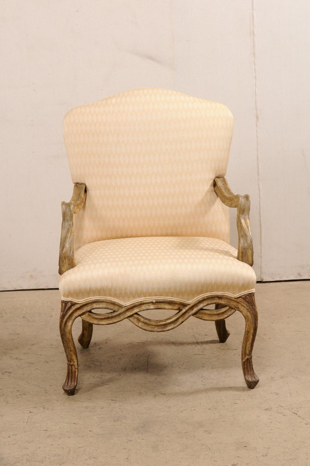 Pair Vintage Venetian-Style Upholstered Armchairs w/Pierce-Carved Skirt In Good Condition In Atlanta, GA