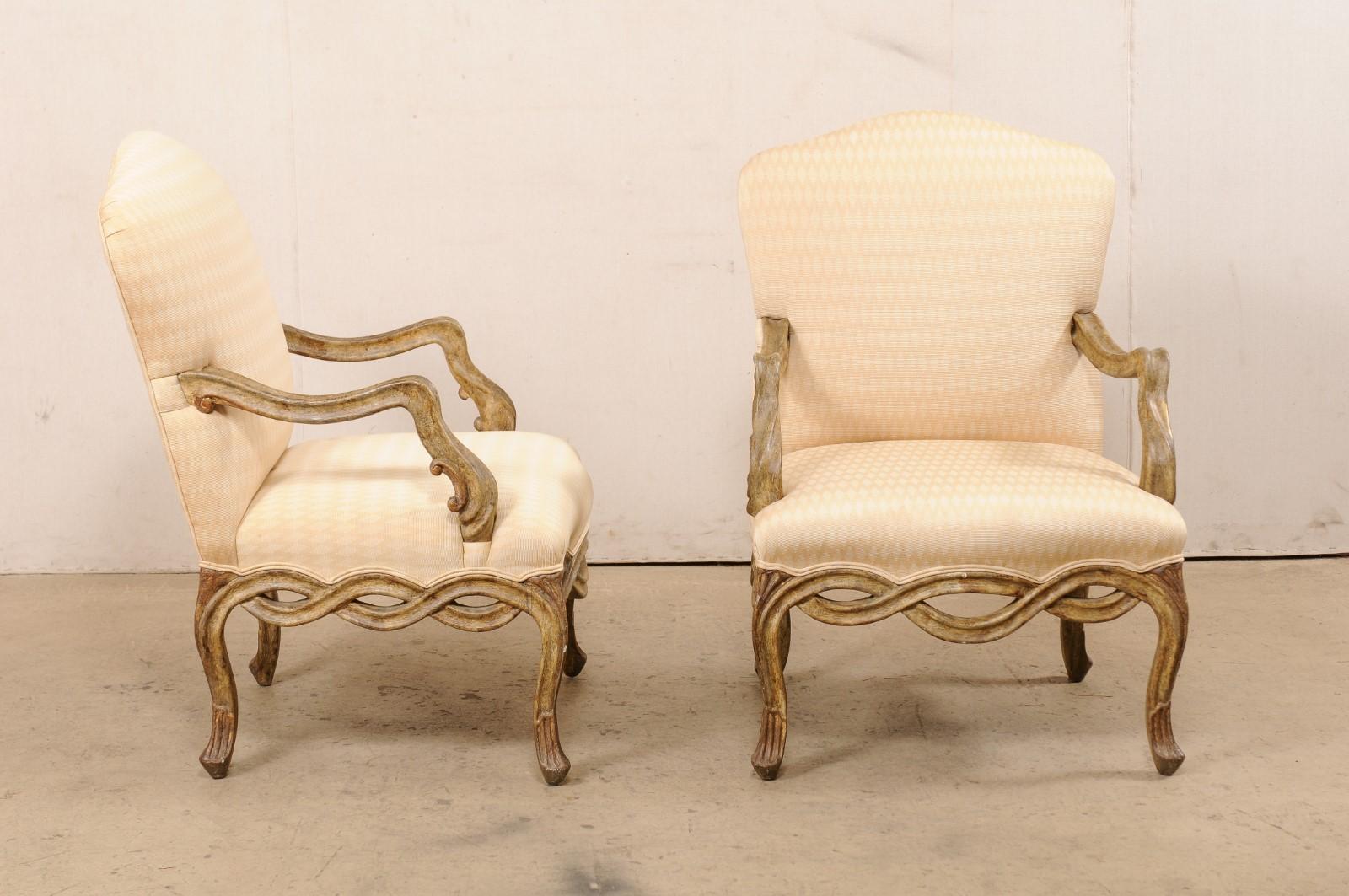 20th Century Pair Vintage Venetian-Style Upholstered Armchairs w/Pierce-Carved Skirt