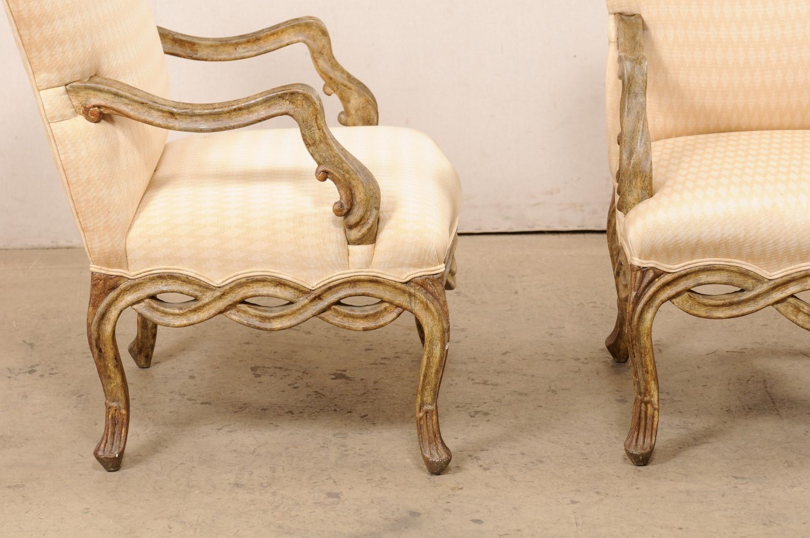 Upholstery Pair Vintage Venetian-Style Upholstered Armchairs w/Pierce-Carved Skirt