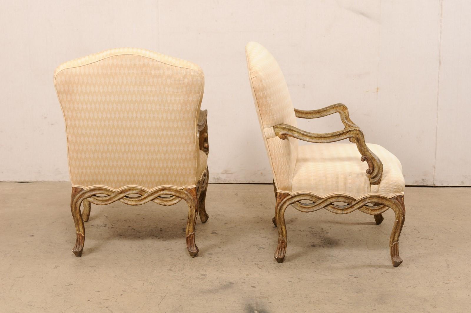 Pair Vintage Venetian-Style Upholstered Armchairs w/Pierce-Carved Skirt 1