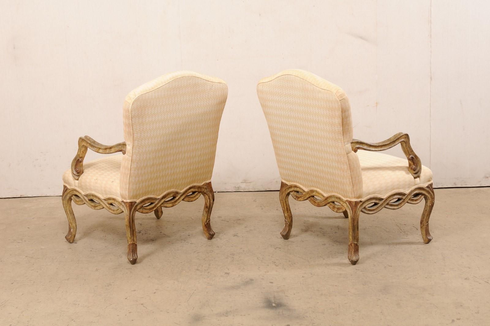 Pair Vintage Venetian-Style Upholstered Armchairs w/Pierce-Carved Skirt 2