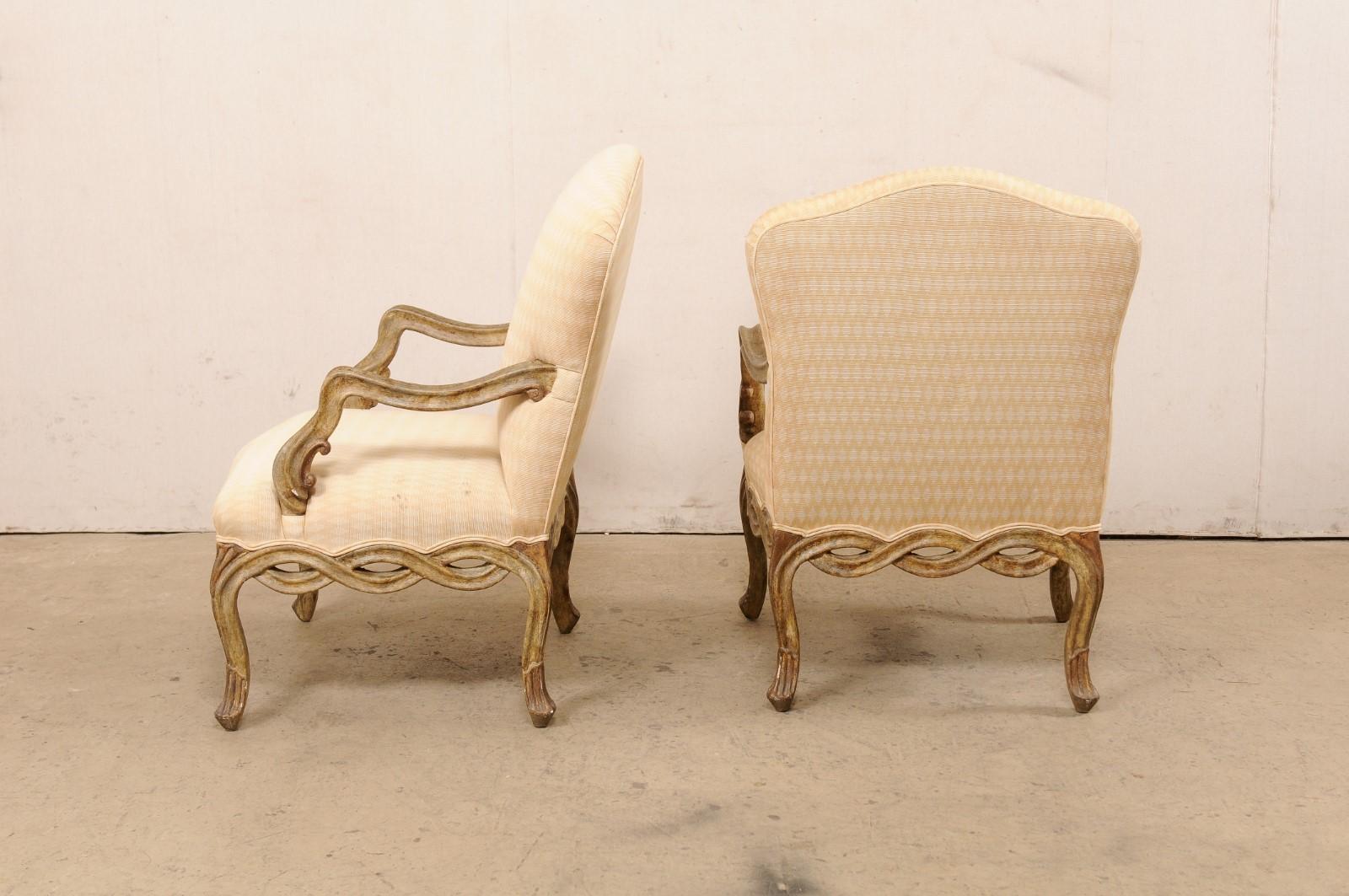 Pair Vintage Venetian-Style Upholstered Armchairs w/Pierce-Carved Skirt 3