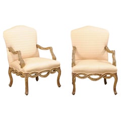 Pair Vintage Venetian-Style Upholstered Armchairs w/Pierce-Carved Skirt