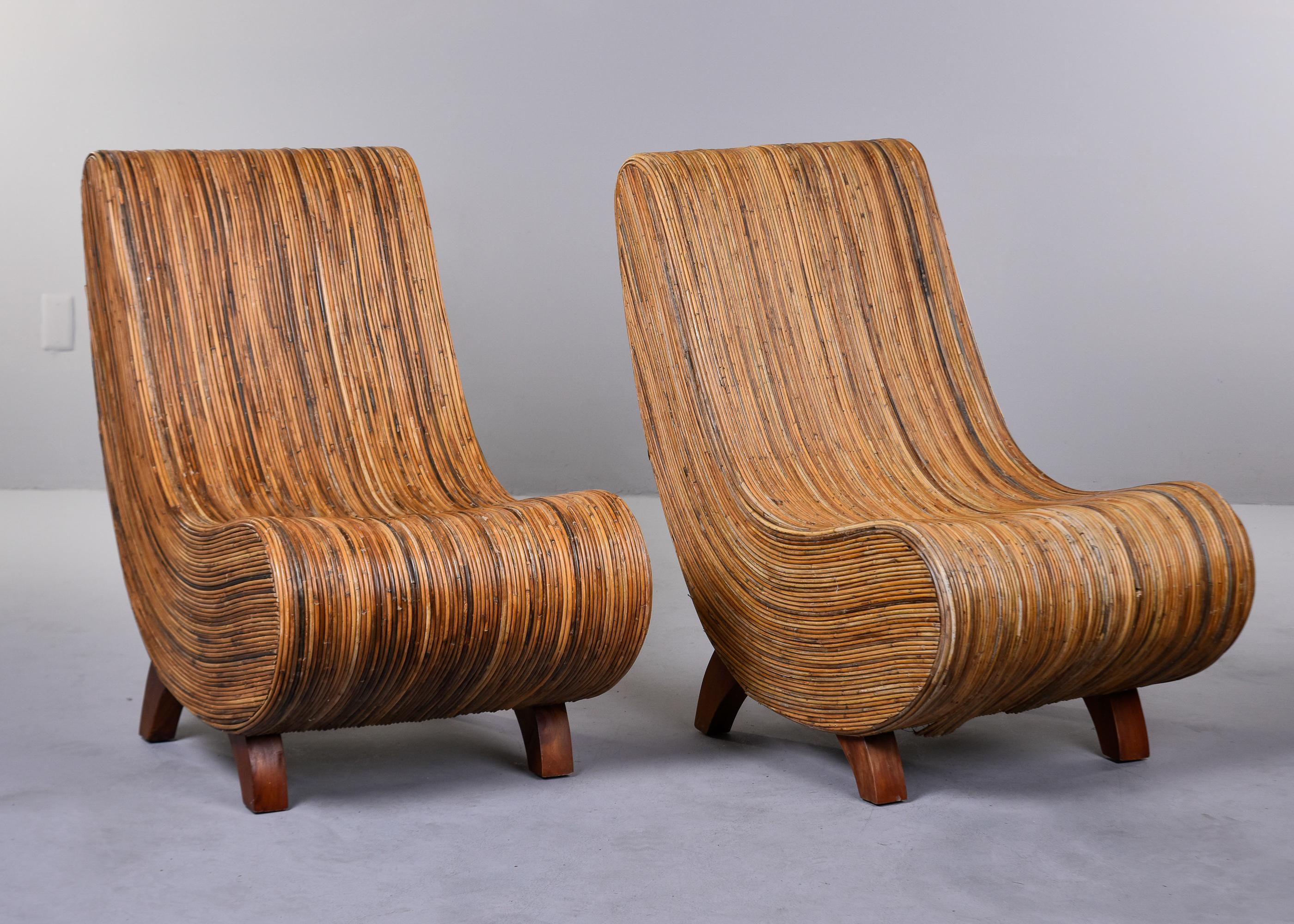 Pair Vintage Vivai del Sud Pencil Reed Chairs with Ottomans 2