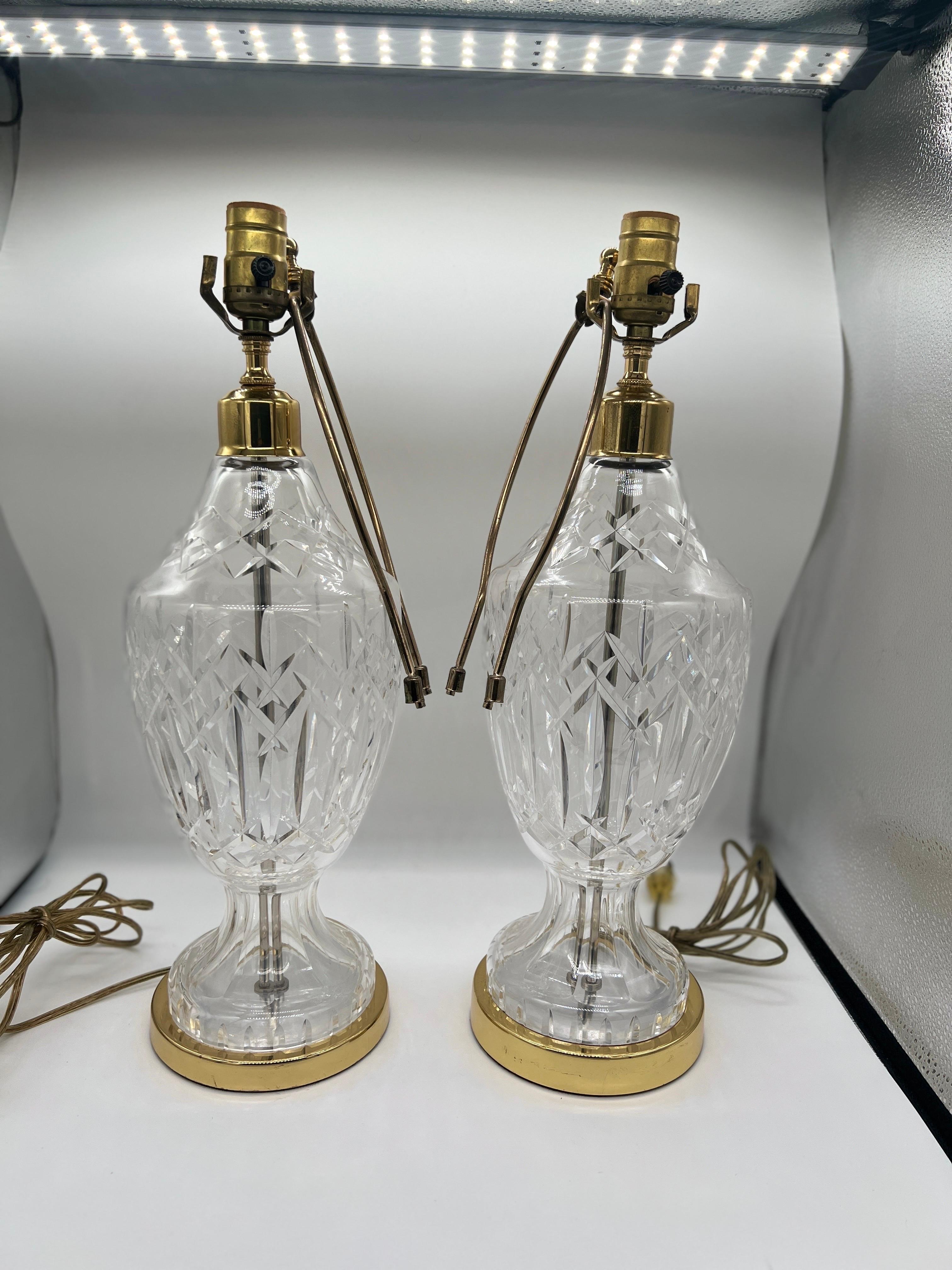 Pair, Vintage Waterford Cut Crystal & Brass “Lismore” Pattern Table Lamps. 19” measures to top of socket, does not include harp measurement.