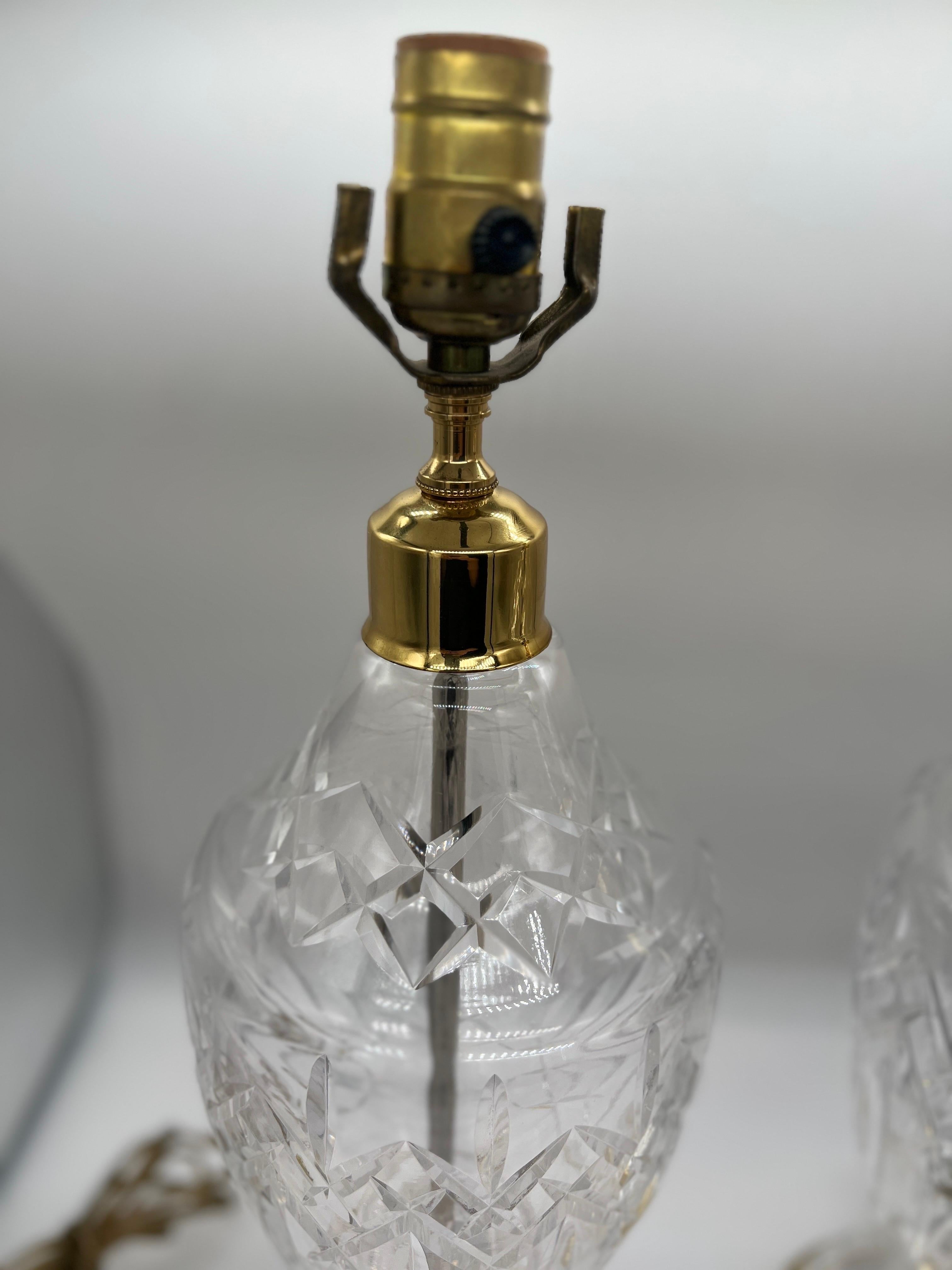 20th Century Pair, Vintage Waterford Cut Crystal & Brass “Lismore” Pattern Table Lamps