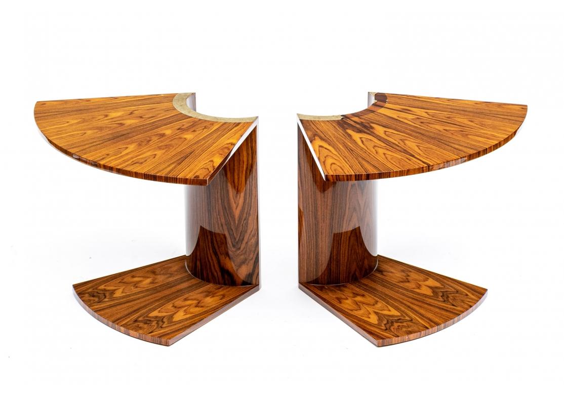 Pair of Wedge Shaped Zebra Wood Patterned End Tables for Restoration  In Fair Condition For Sale In Bridgeport, CT