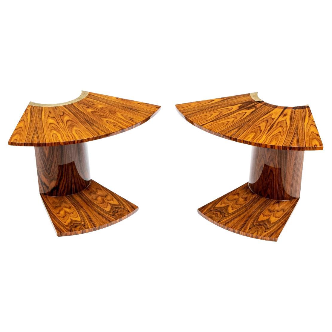 Pair of Wedge Shaped Zebra Wood Patterned End Tables for Restoration 