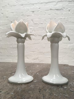 Pair of Vintage White Glass Artichoke Candleholders Candlesticks, 1980s