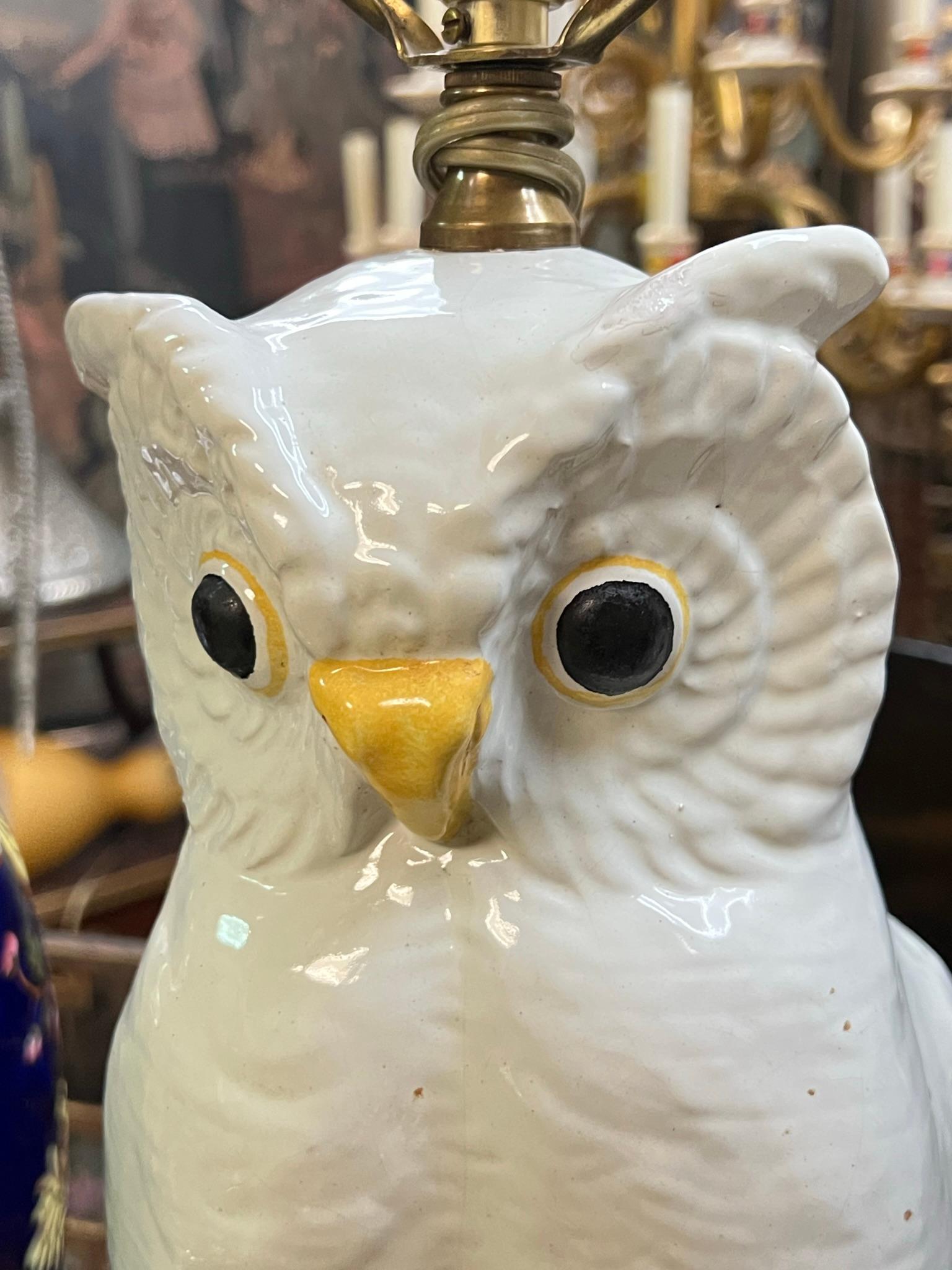 Pair Vintage White Glazed Terracotta Owl Form Table Lamps 4