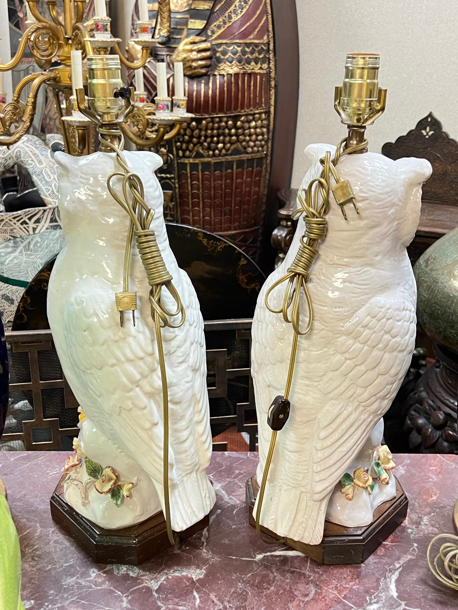 Mid-Century Modern Pair Vintage White Glazed Terracotta Owl Form Table Lamps