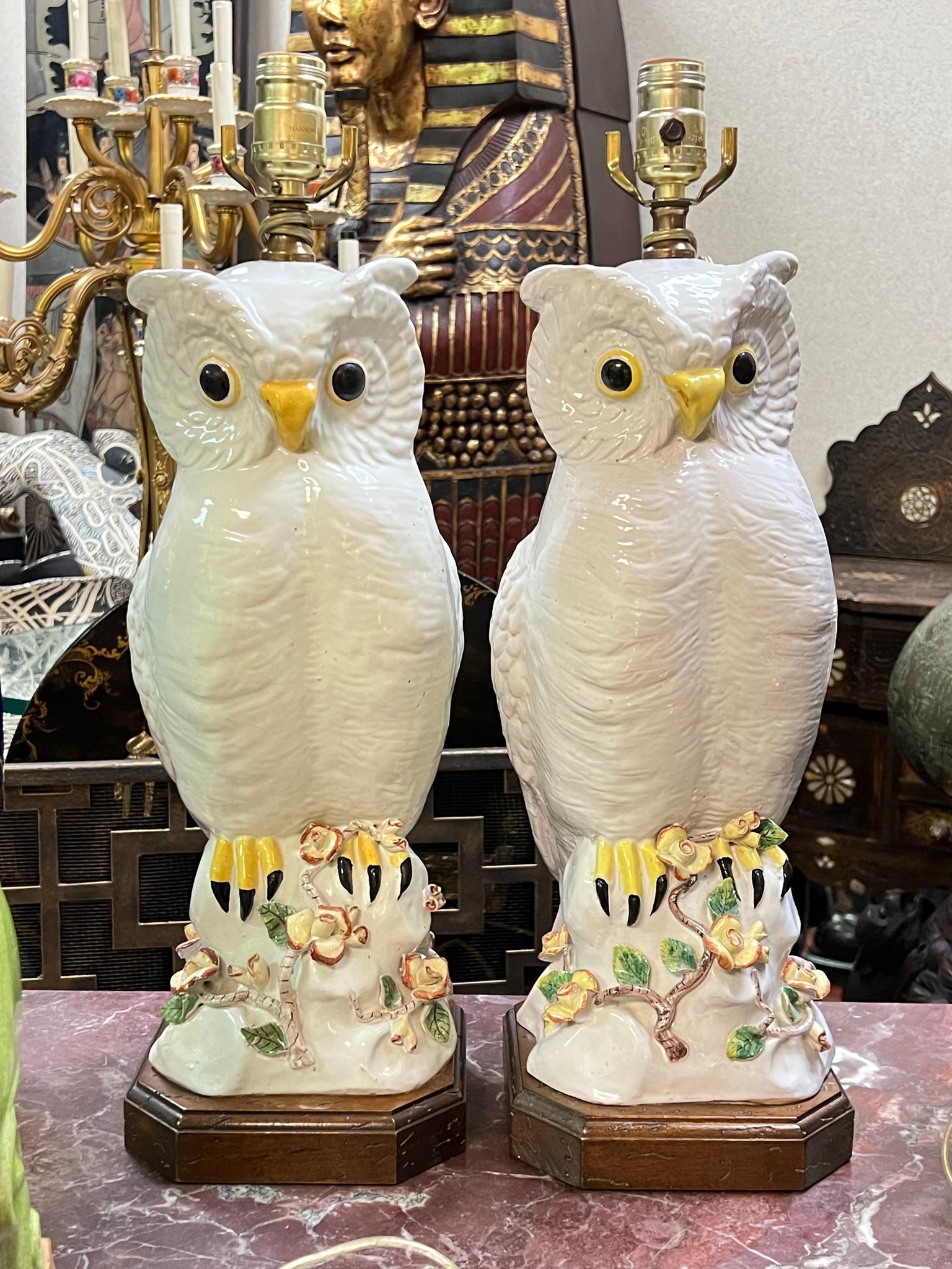 Pair Vintage White Glazed Terracotta Owl Form Table Lamps In Good Condition In New York, NY