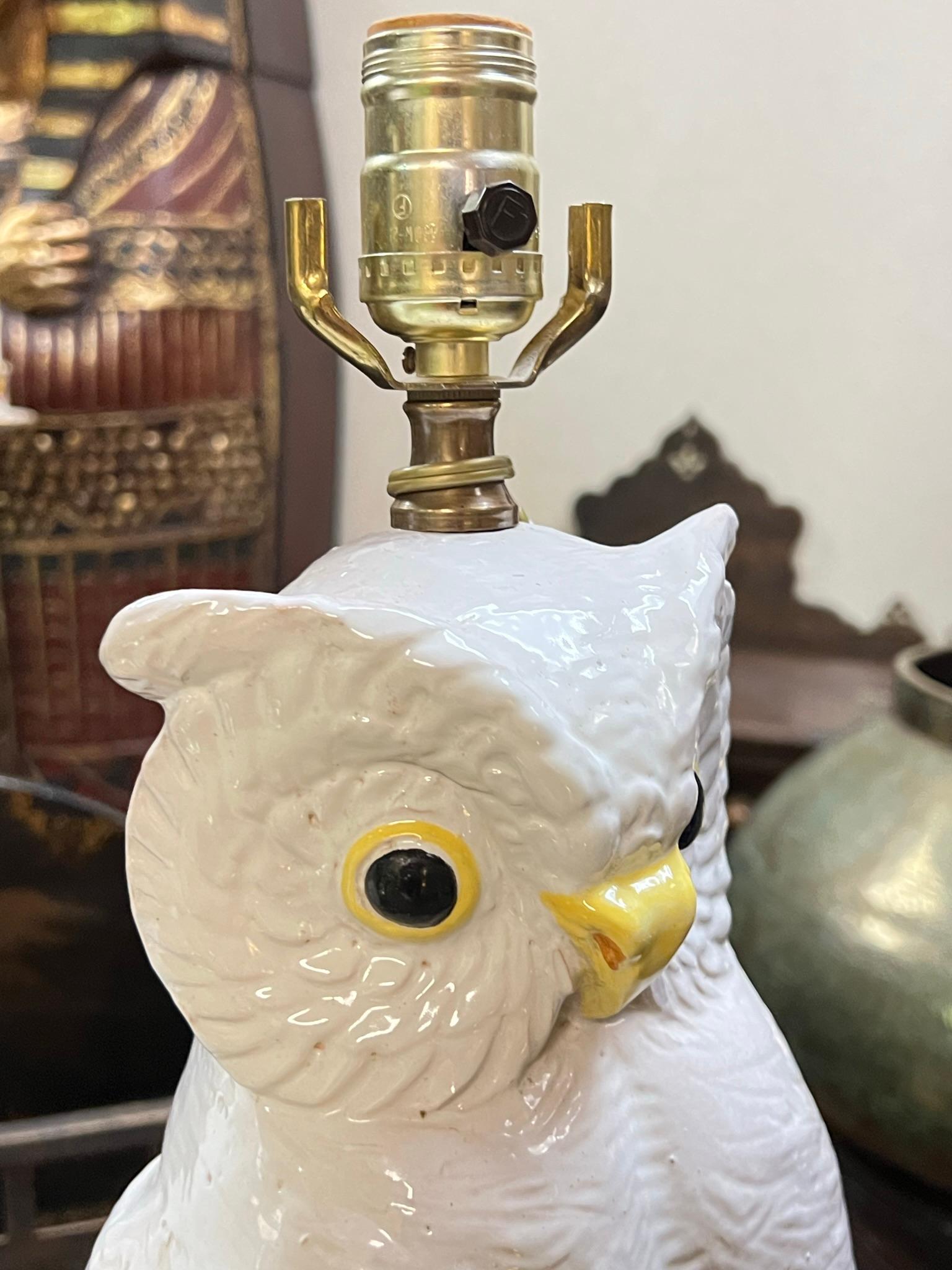 20th Century Pair Vintage White Glazed Terracotta Owl Form Table Lamps