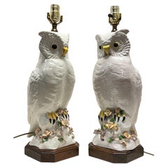 Pair Retro White Glazed Terracotta Owl Form Table Lamps