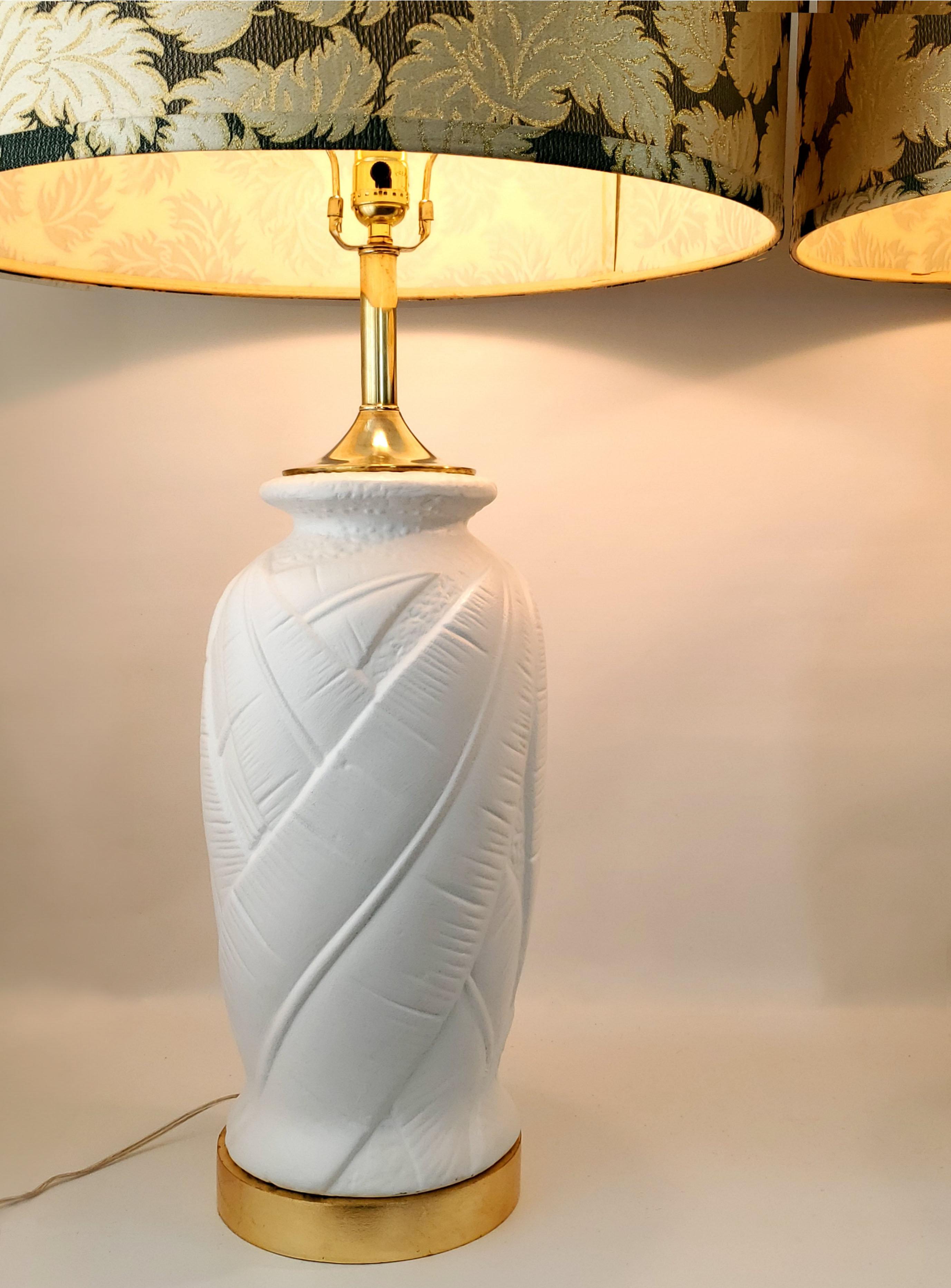 Pair Vintage White Plaster Palm Leaf Table Lamps with Vintage Drum Lamp Shades For Sale 4