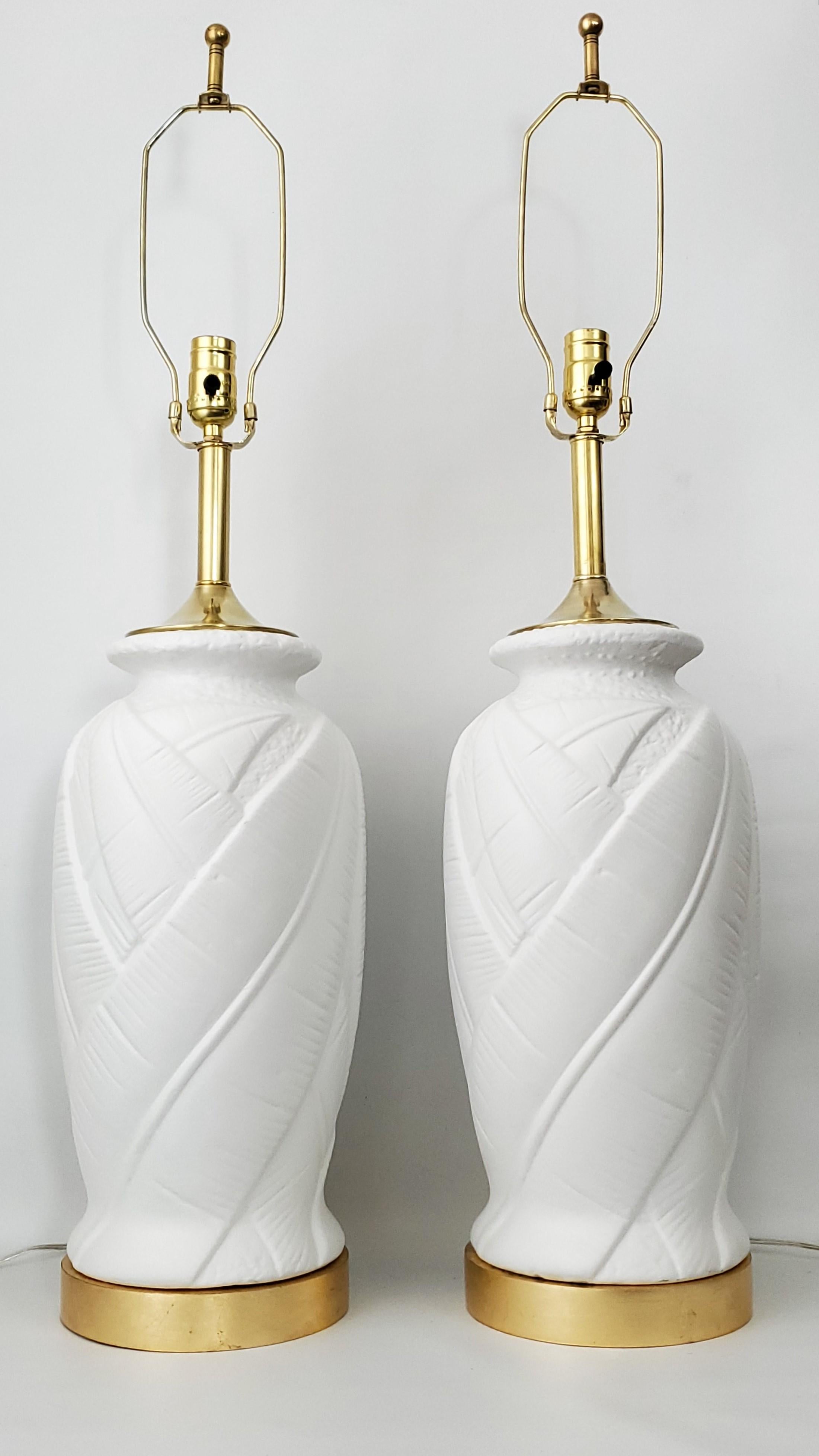 Mid-Century Modern Pair Vintage White Plaster Palm Leaf Table Lamps with Vintage Drum Lamp Shades For Sale