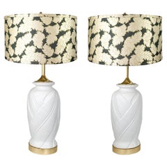 Pair Used White Plaster Palm Leaf Table Lamps with Vintage Drum Lamp Shades