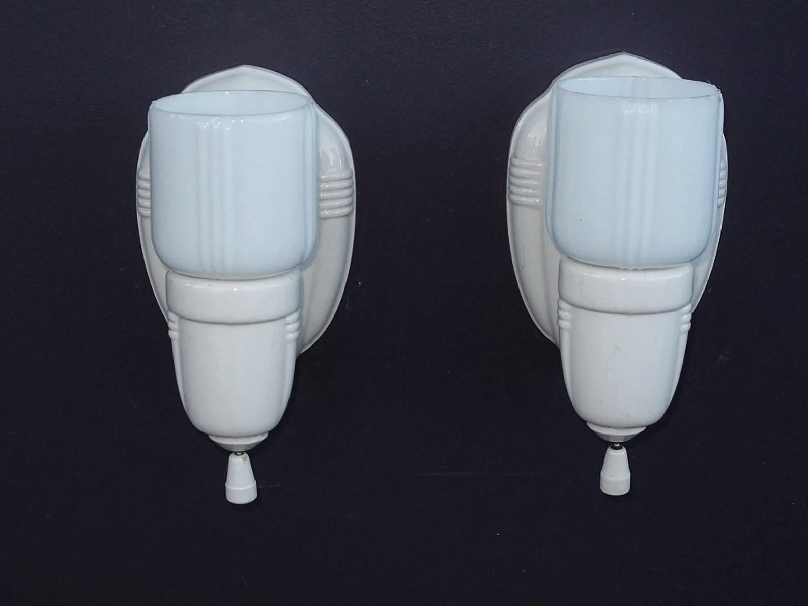 Art Deco Pair Vintage White Porcelain Bathroom / Kitchen Sconce Lights with Period Shades