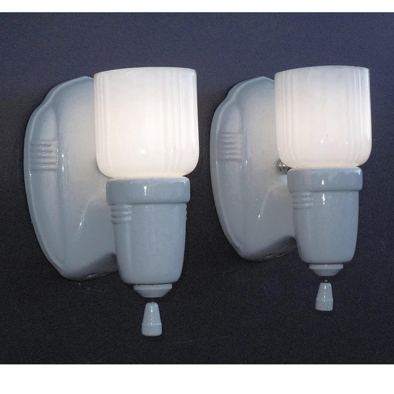 American Pair Vintage White Porcelain Bathroom / Kitchen Sconce Lights with Period Shades
