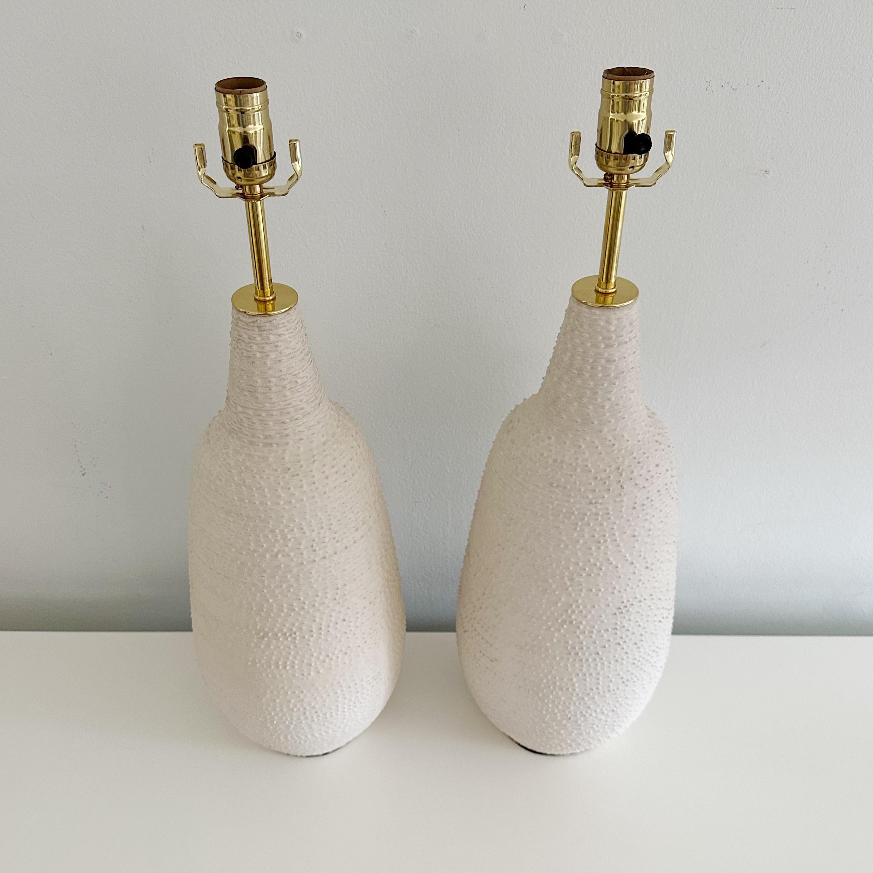 Mid-Century Modern Pair Vintage White Studio Pottery Textured Lamps