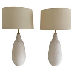 Pair Vintage White Studio Pottery Textured Lamps