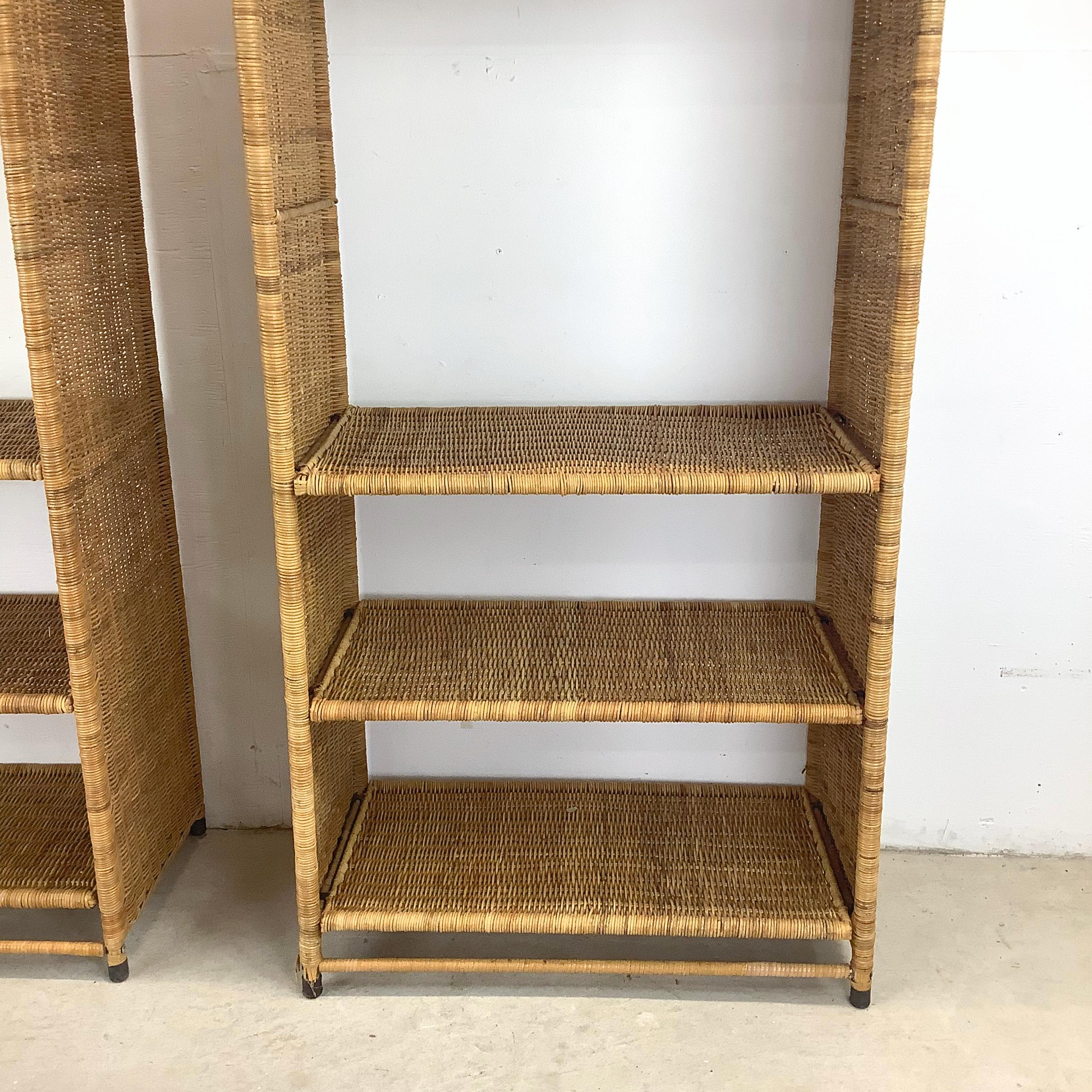 Pair Vintage Wicker Arched Bookcases In Fair Condition In Trenton, NJ