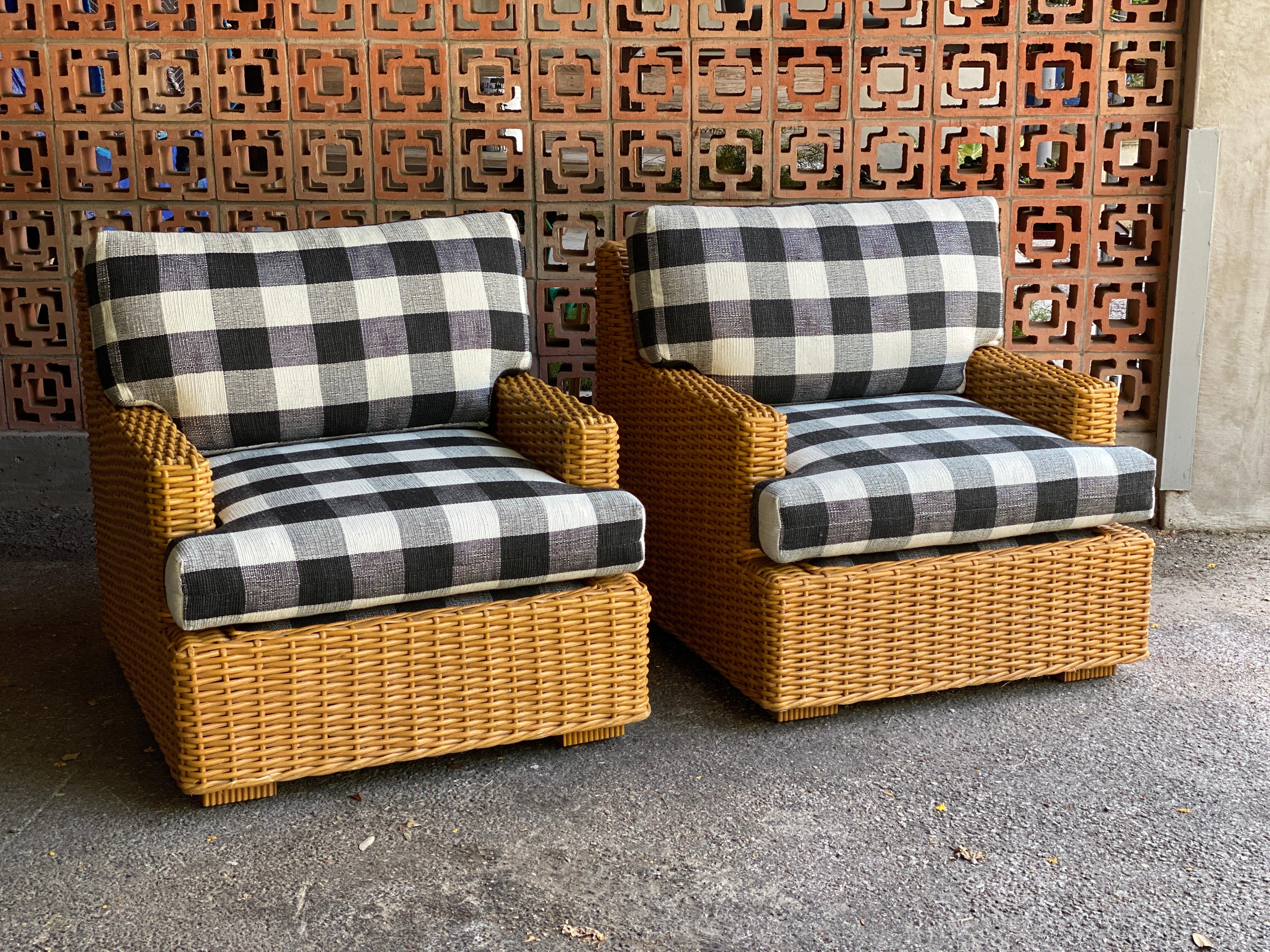 Mid-Century Modern Pair of Vintage Wicker Lounge Chairs, Newly Upholstered