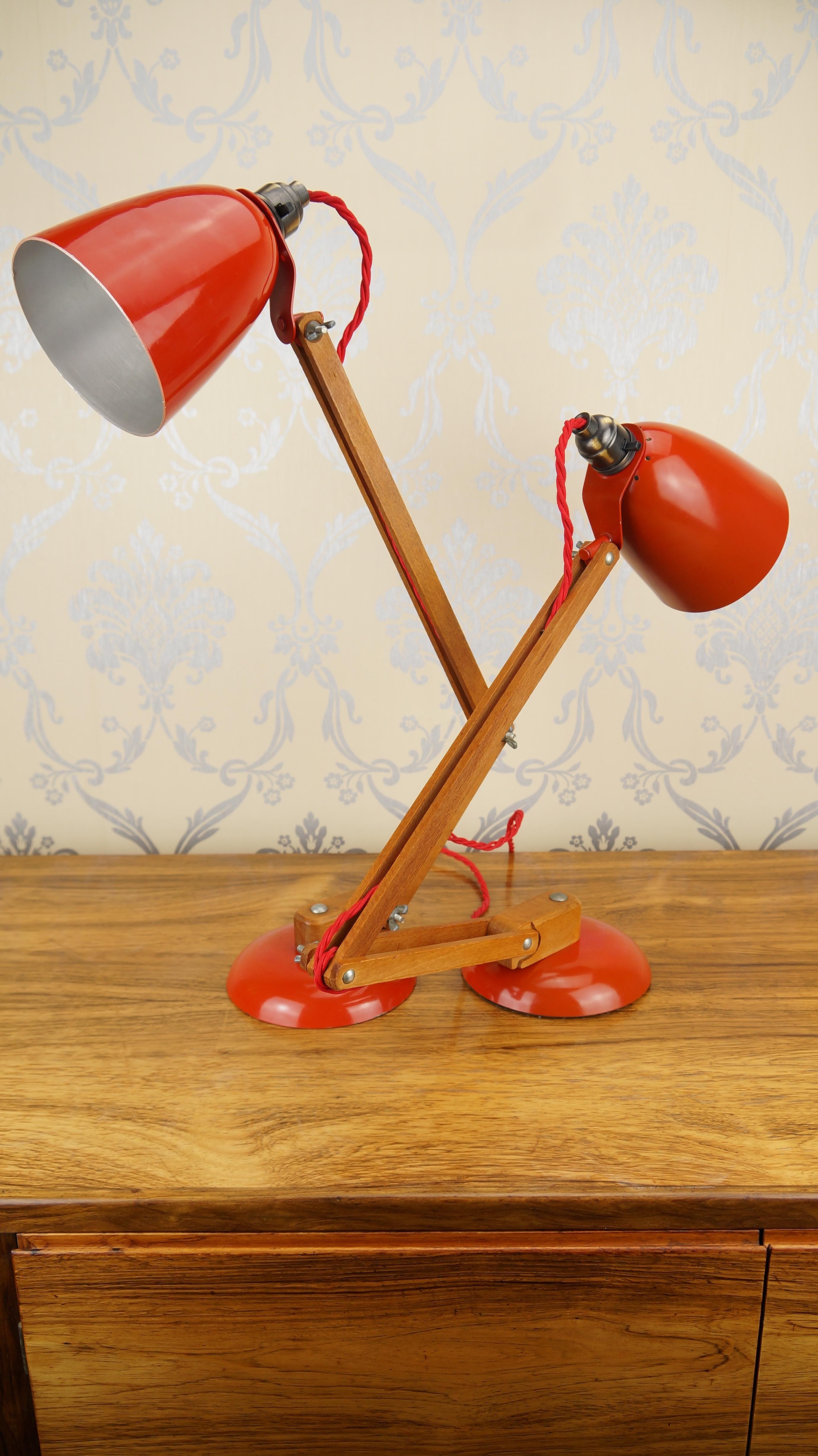 Pair Vintage Wood Orange Red Maclamp Table Desk Lamps, T. Conran, 50s Anglepoise 3
