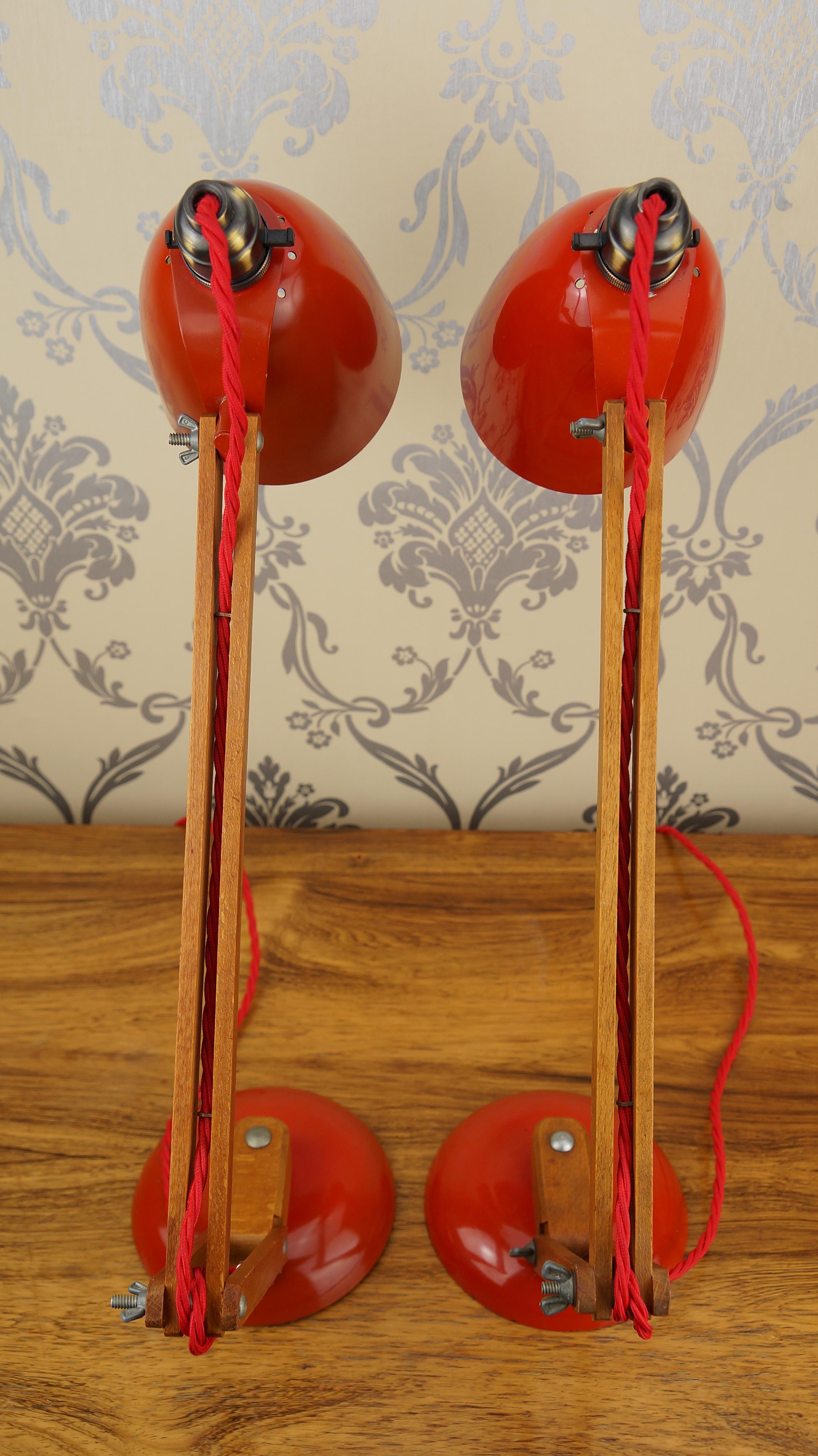 Pair Vintage Wood Orange Red Maclamp Table Desk Lamps, T. Conran, 50s Anglepoise 4